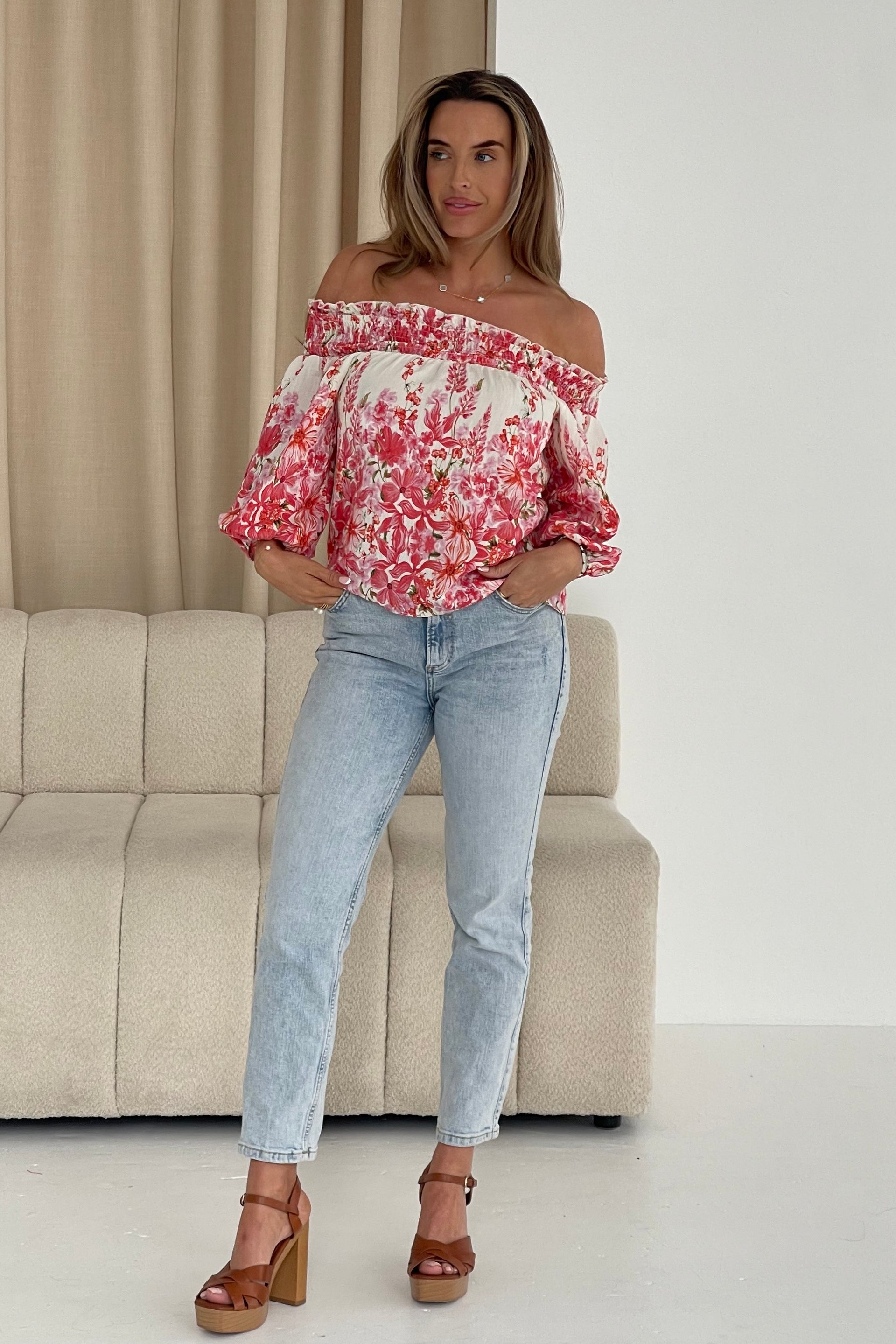 Candace Shirred Bardot Pink Floral Top