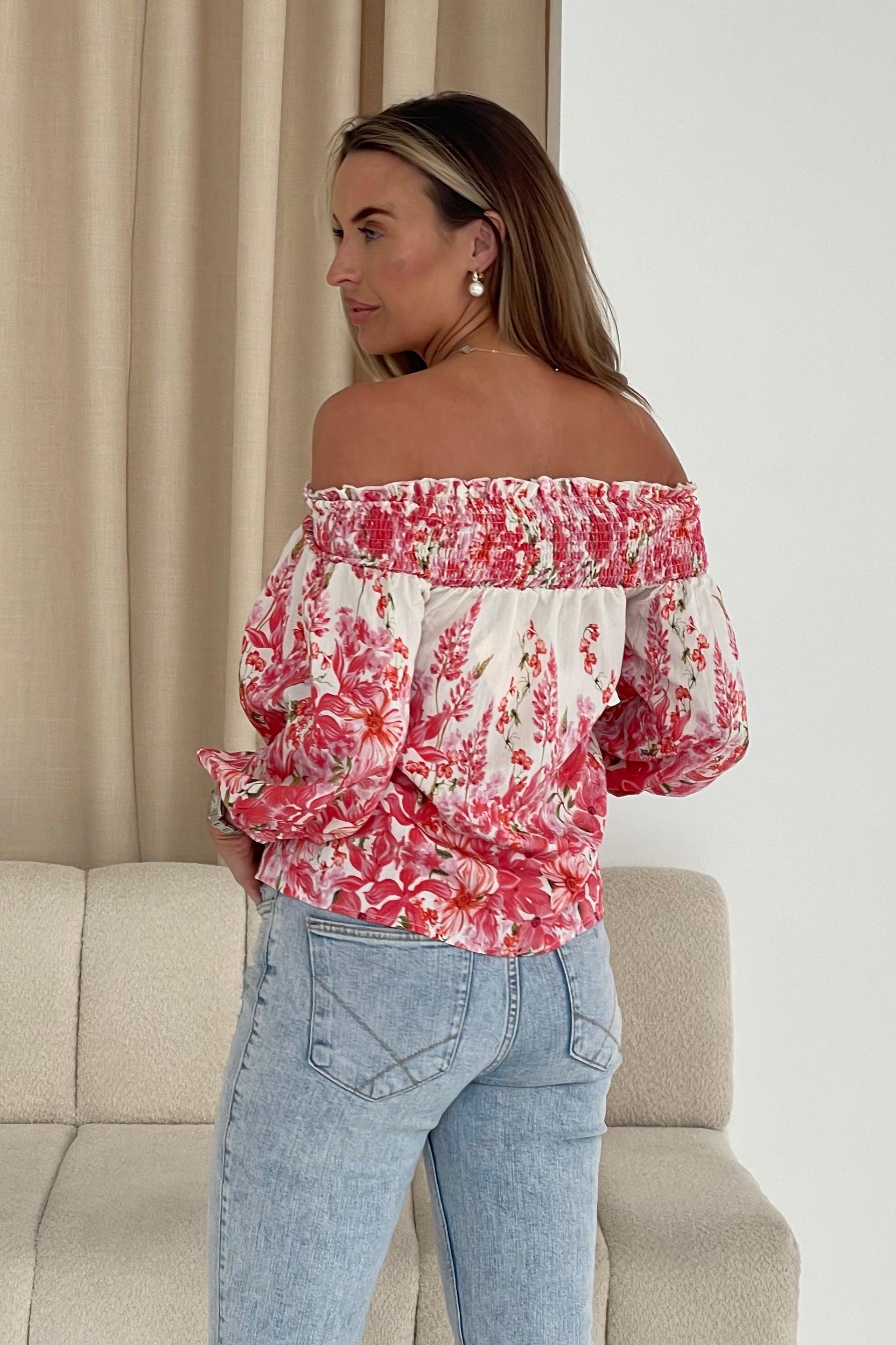 Candace Shirred Bardot Pink Floral Top