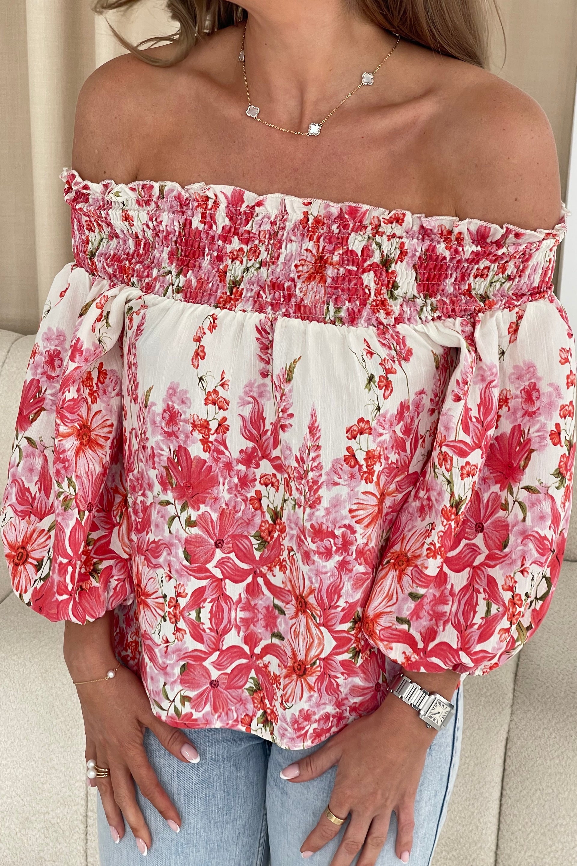Candace Shirred Bardot Pink Floral Top