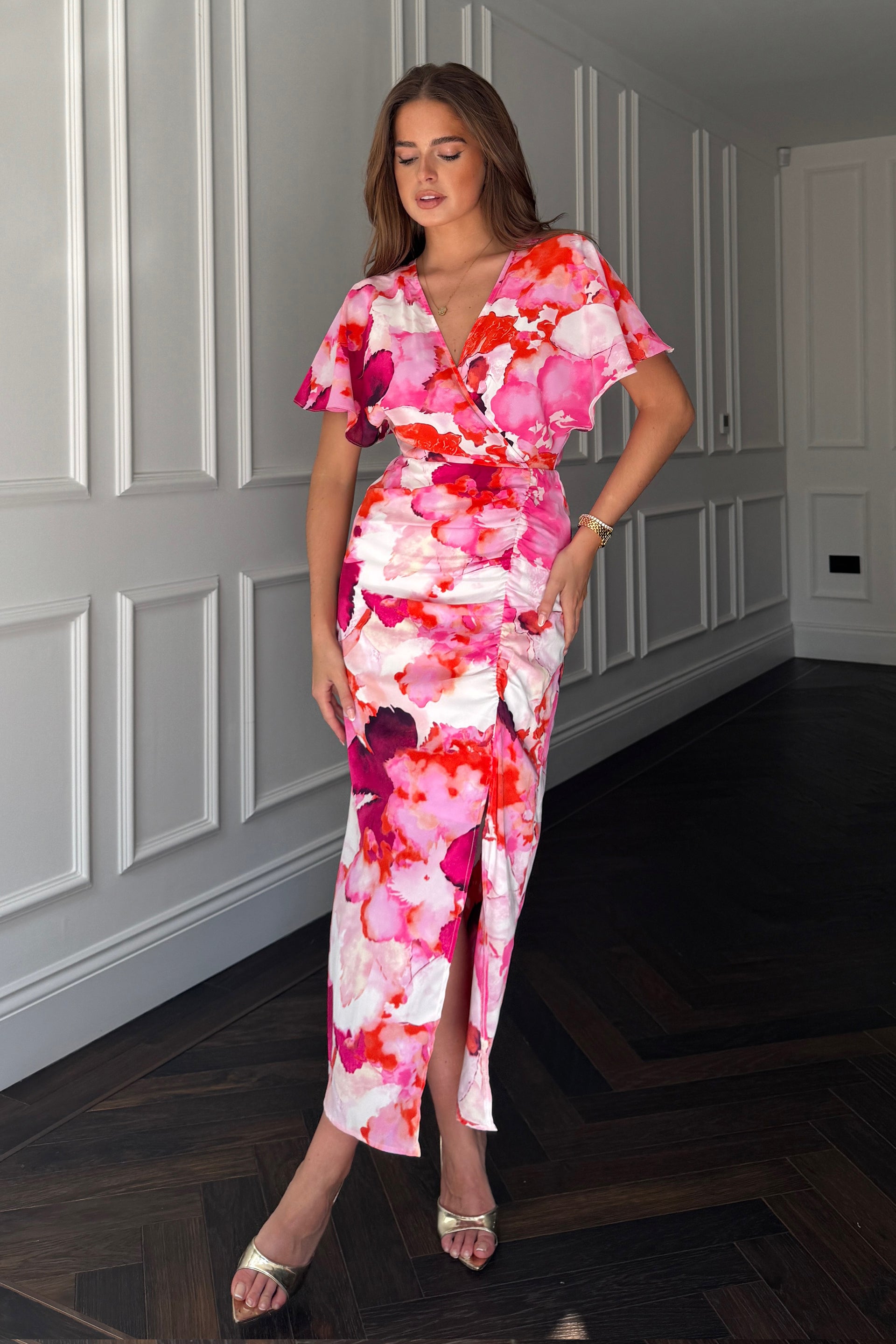 Priscilla Wrap Over Ruched Detail Midi Dress Pink Abstract