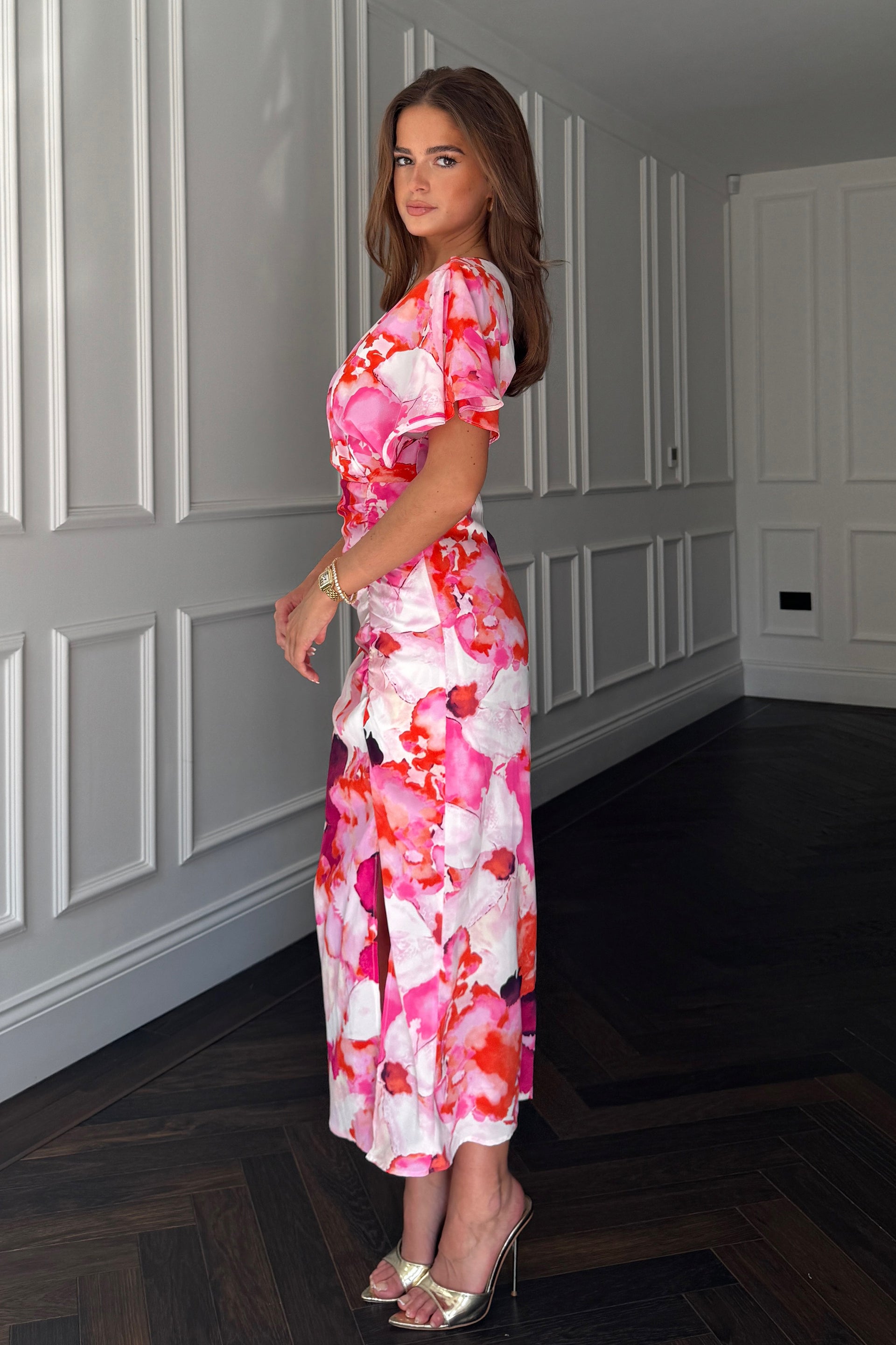 Priscilla Wrap Over Ruched Detail Midi Dress Pink Abstract