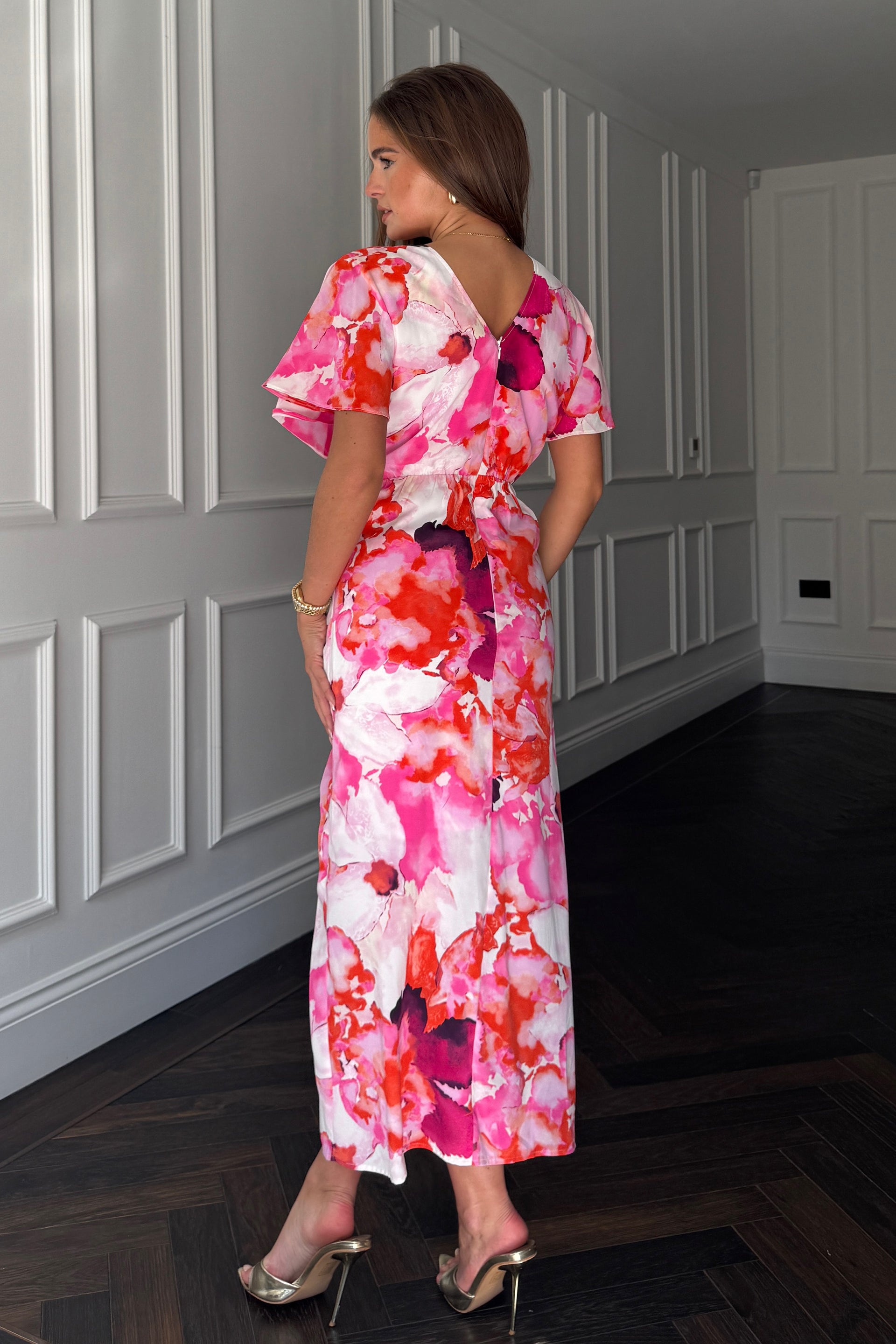 Priscilla Wrap Over Ruched Detail Midi Dress Pink Abstract
