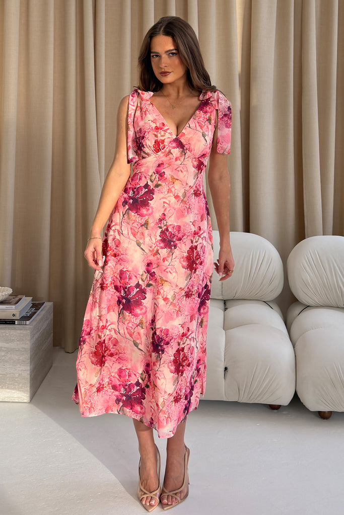 Beverly Floral Tie Shoulder Midi Dress – Girl In Mind