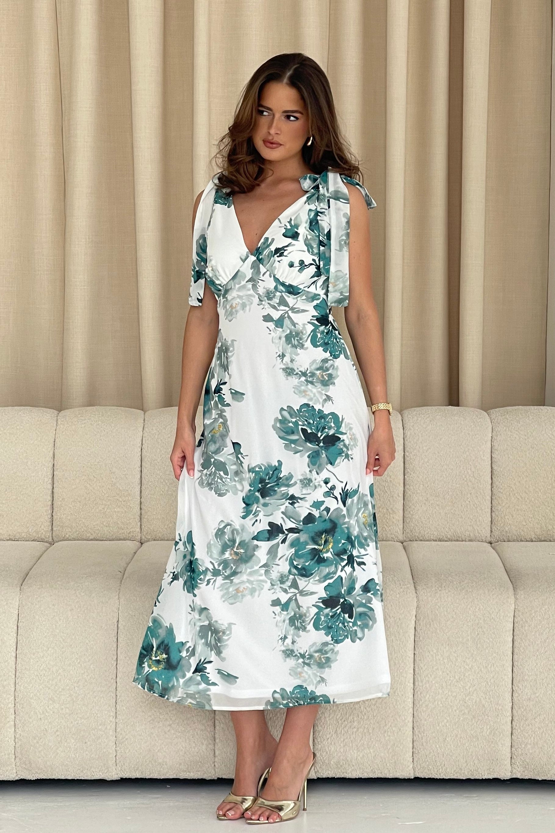 Beverly Green Floral Tie Shoulder Midi Dress