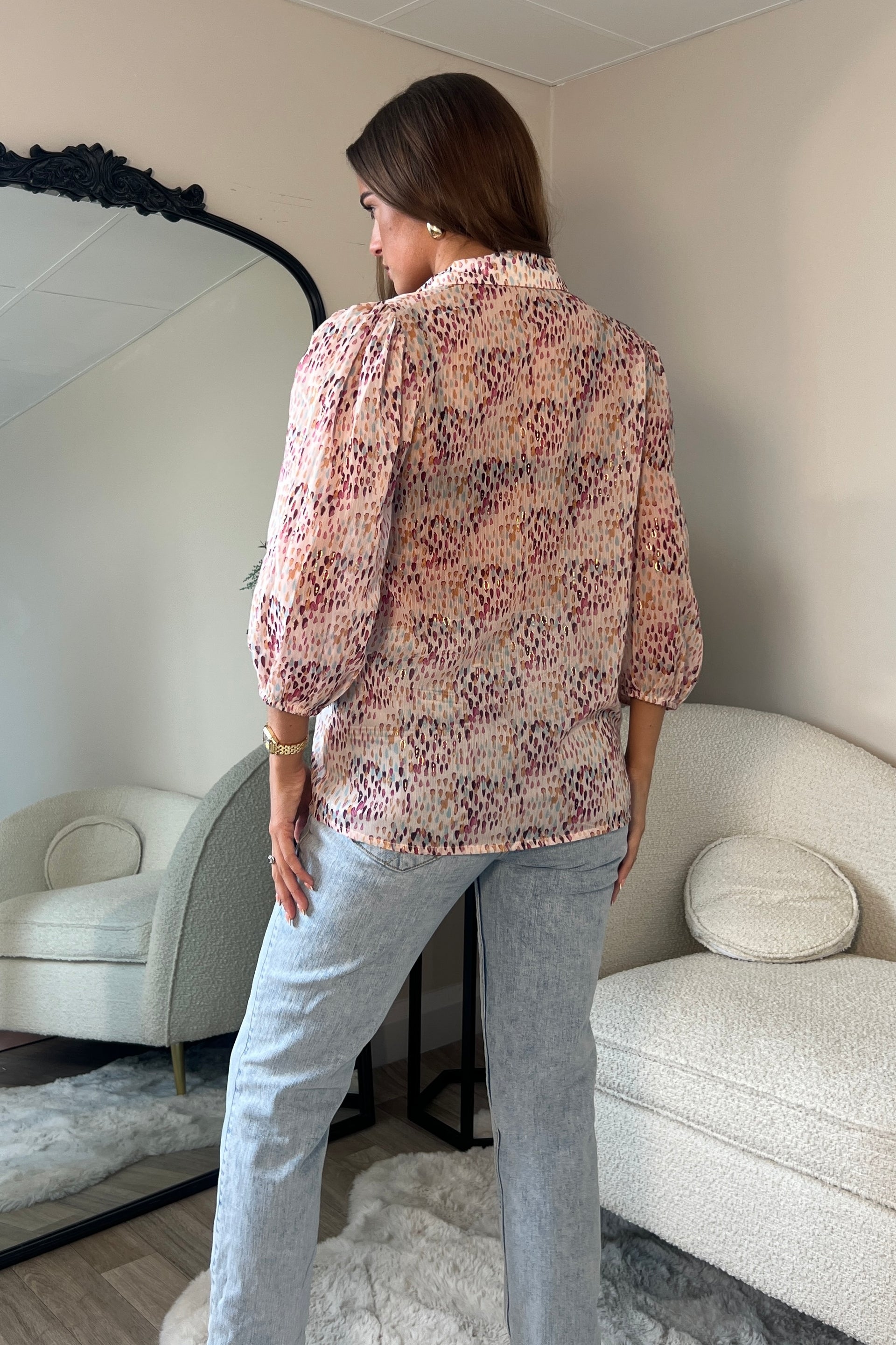 Jax Blush Foil Print Puff Sleeve Shirt