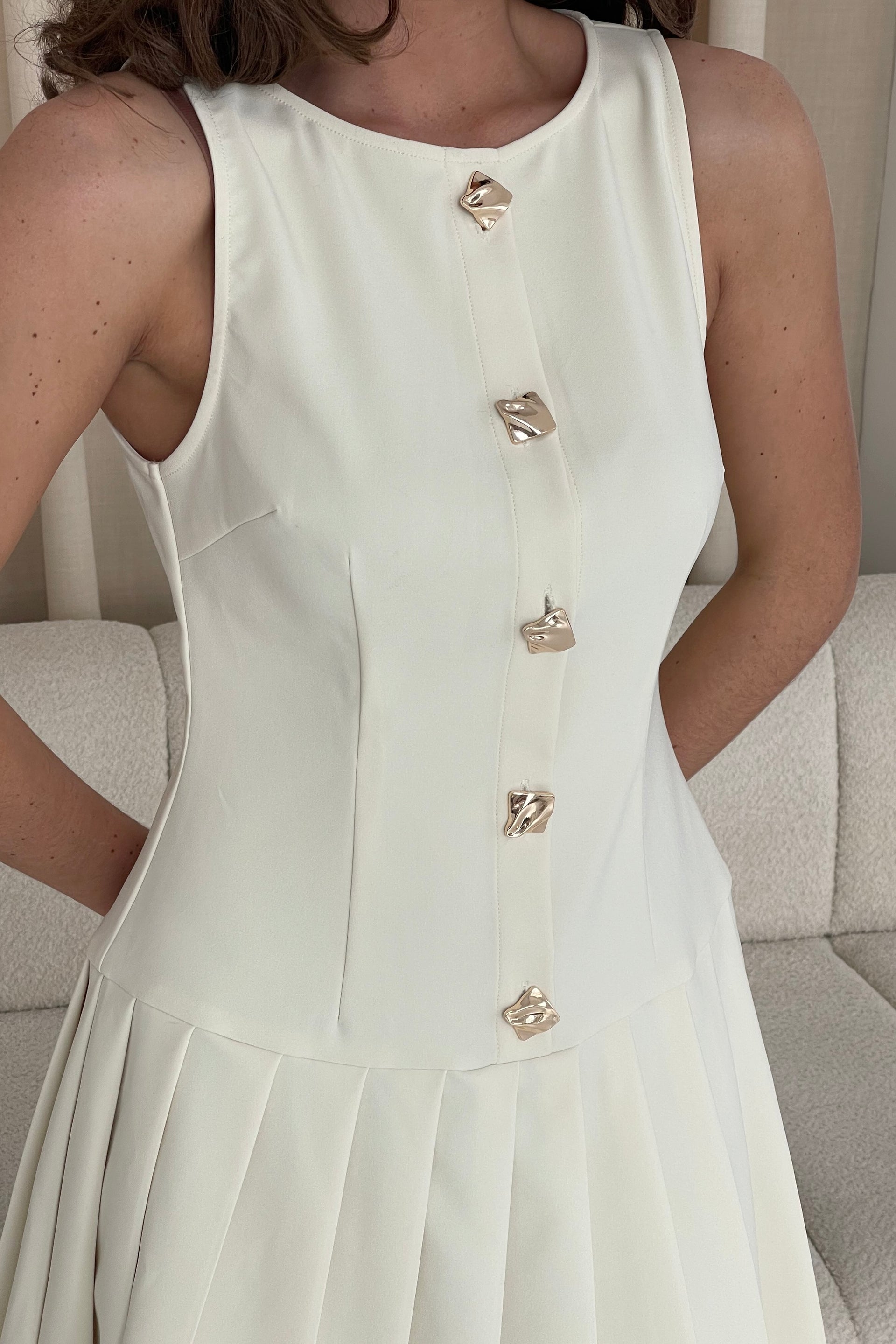 Penelope Tailored Pleated Mini Dress Cream