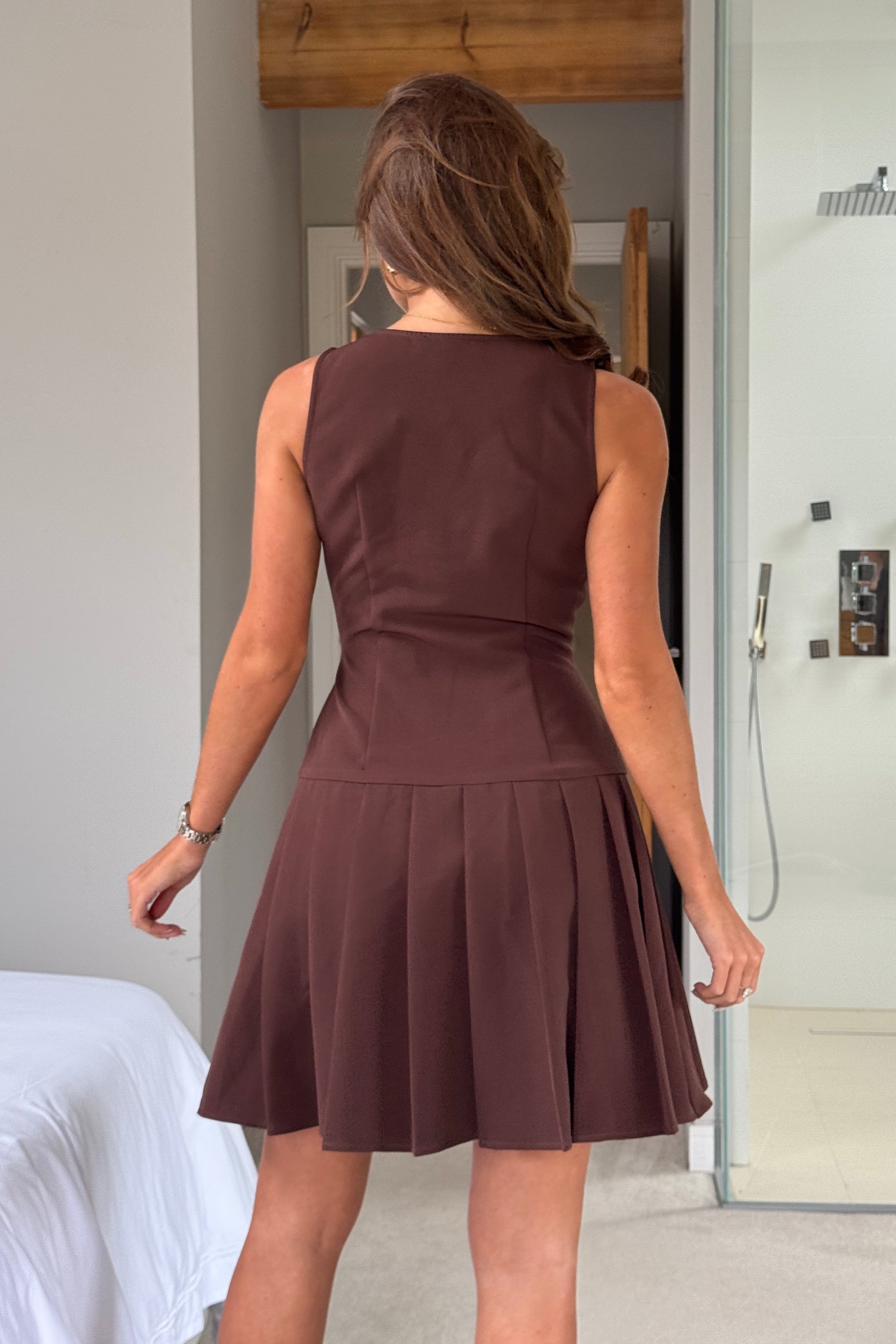 Penelope Tailored Pleated Mini Dress Brown