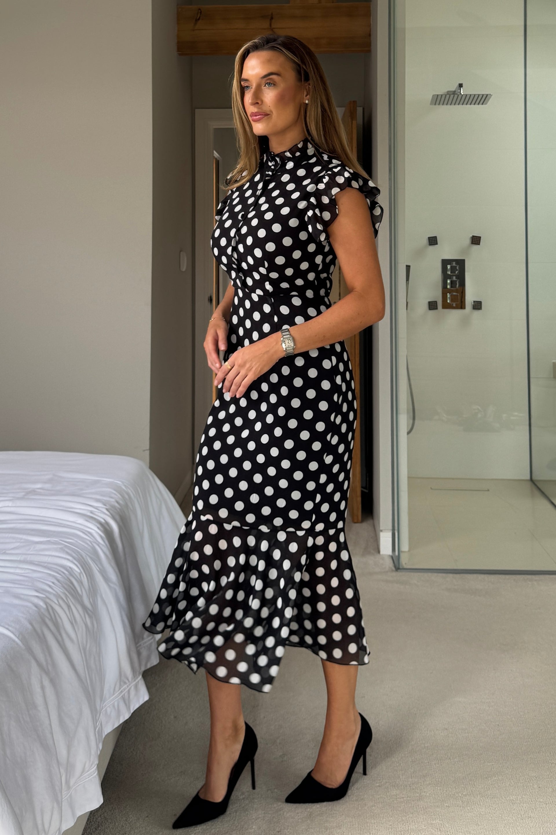 Hannah Frill Sleeve Button Front Midi Dress Black Spot