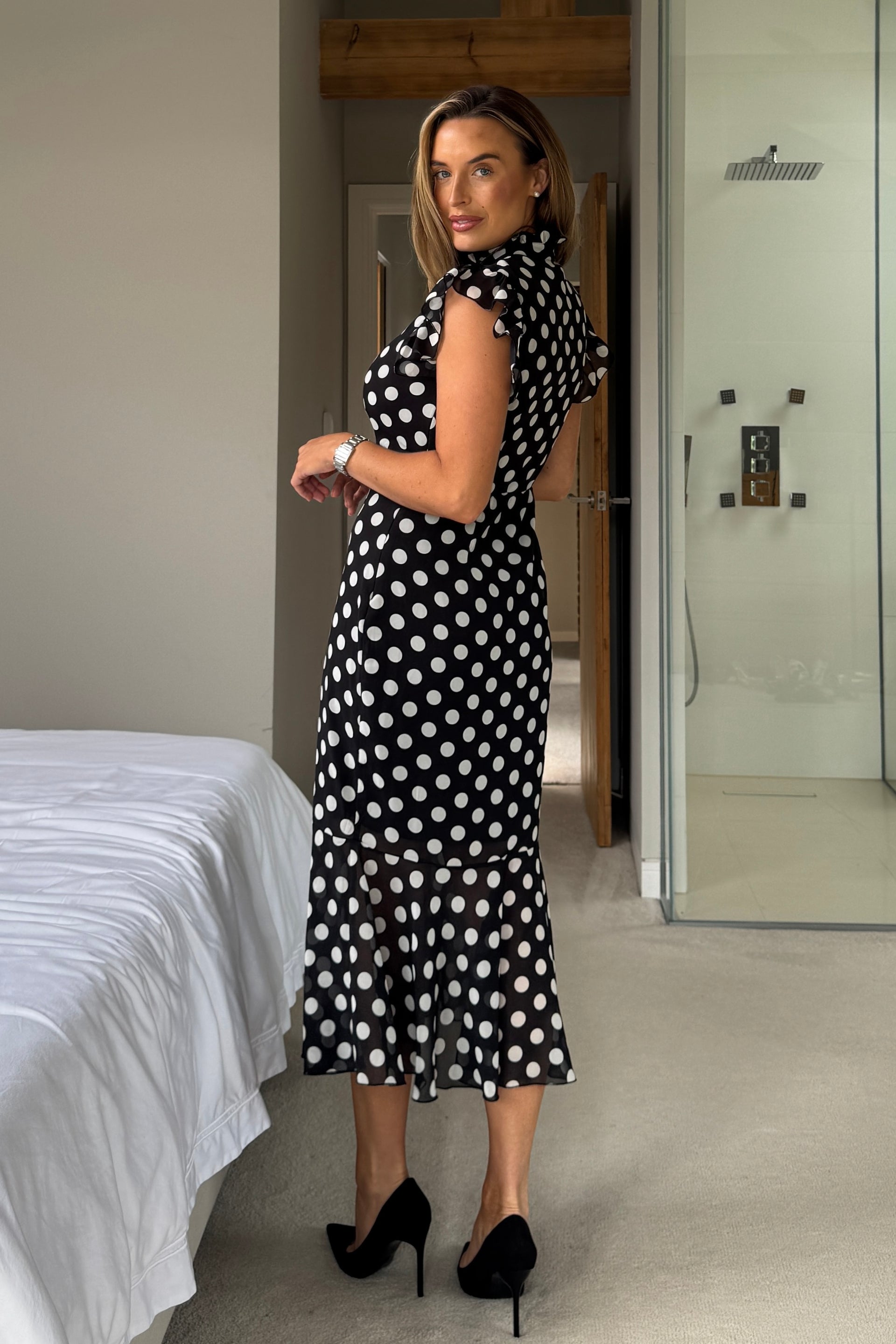 Hannah Frill Sleeve Button Front Midi Dress Black Spot