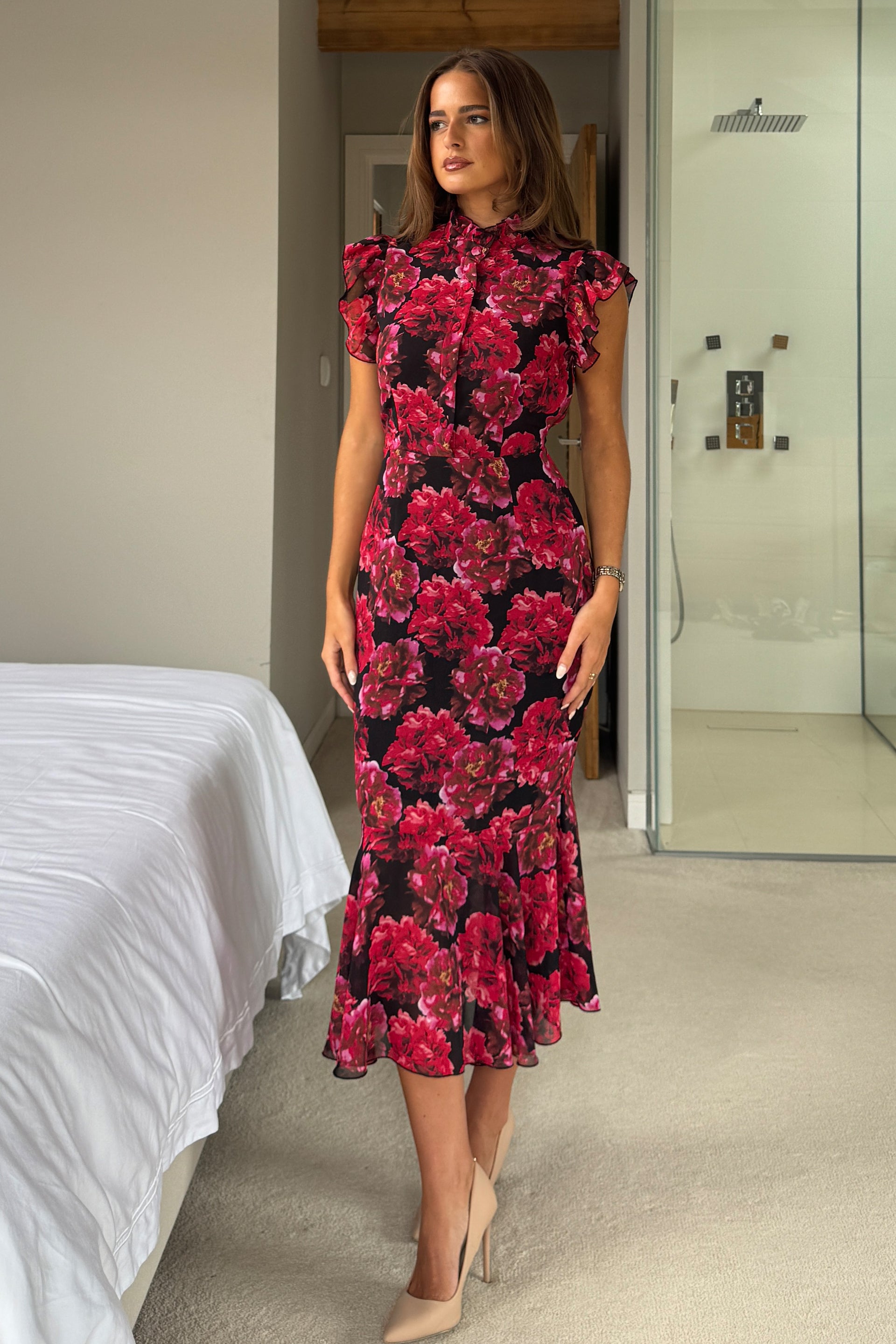 Hannah Frill Sleeve Button Front Midi Dress Black Floral