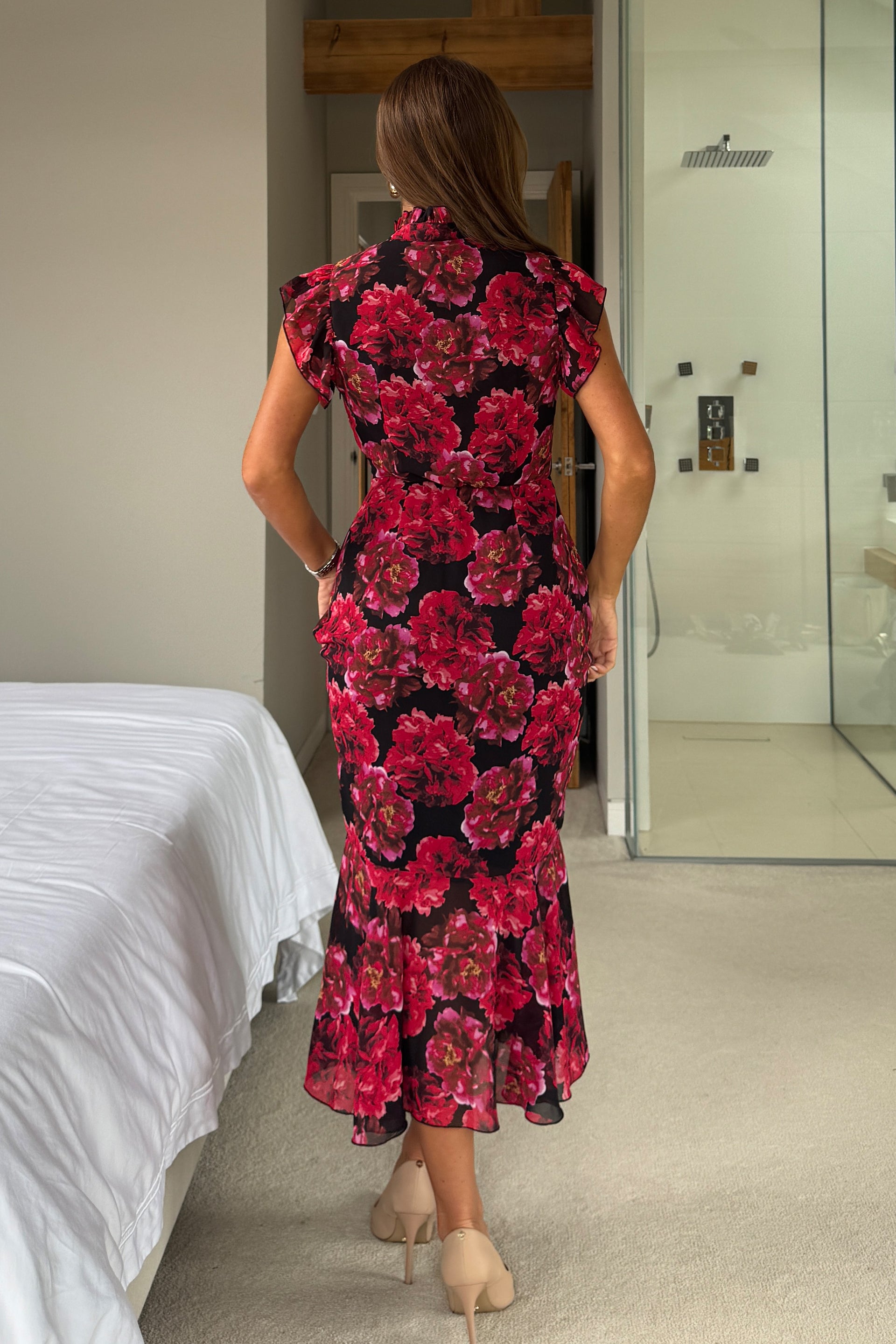 Hannah Frill Sleeve Button Front Midi Dress Black Floral