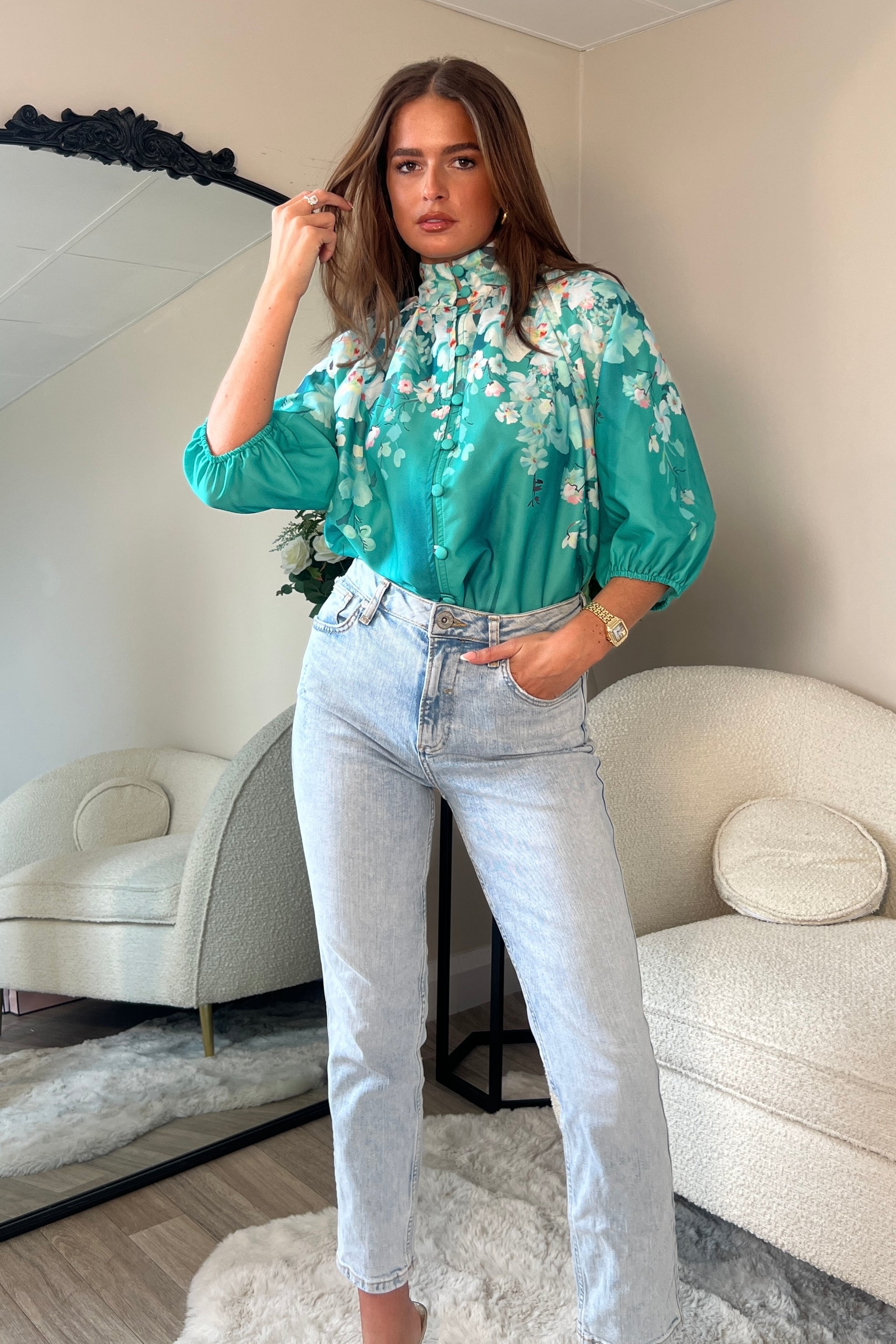 Tracey Balloon Sleeve High Neck Blouse