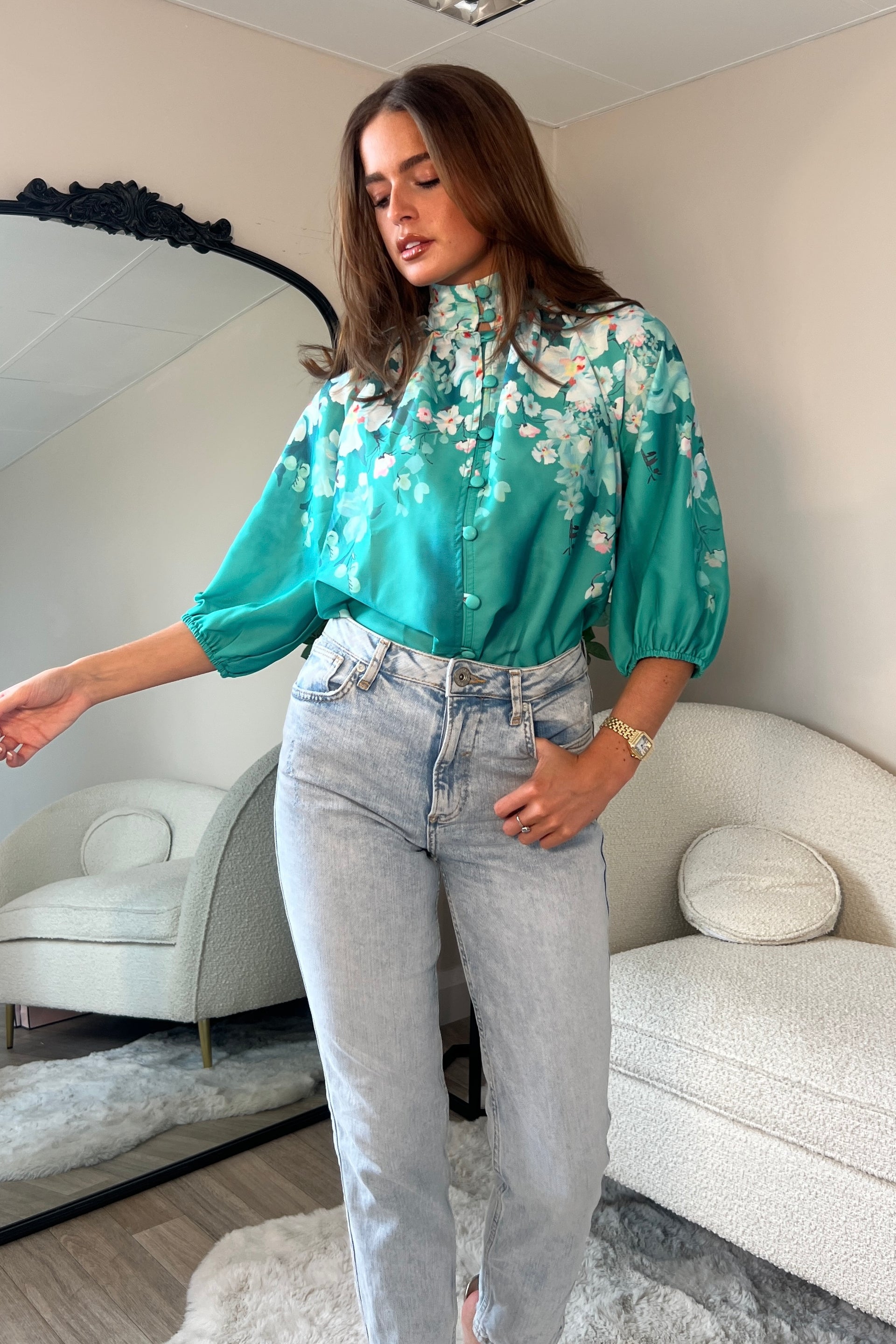 Tracey Balloon Sleeve High Neck Blouse