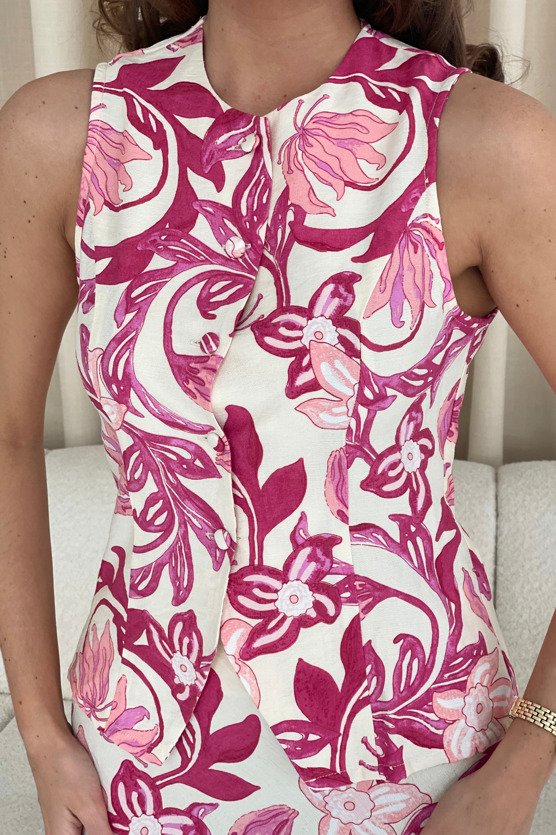 Charlotte High Neck Floral Waistcoat Pink