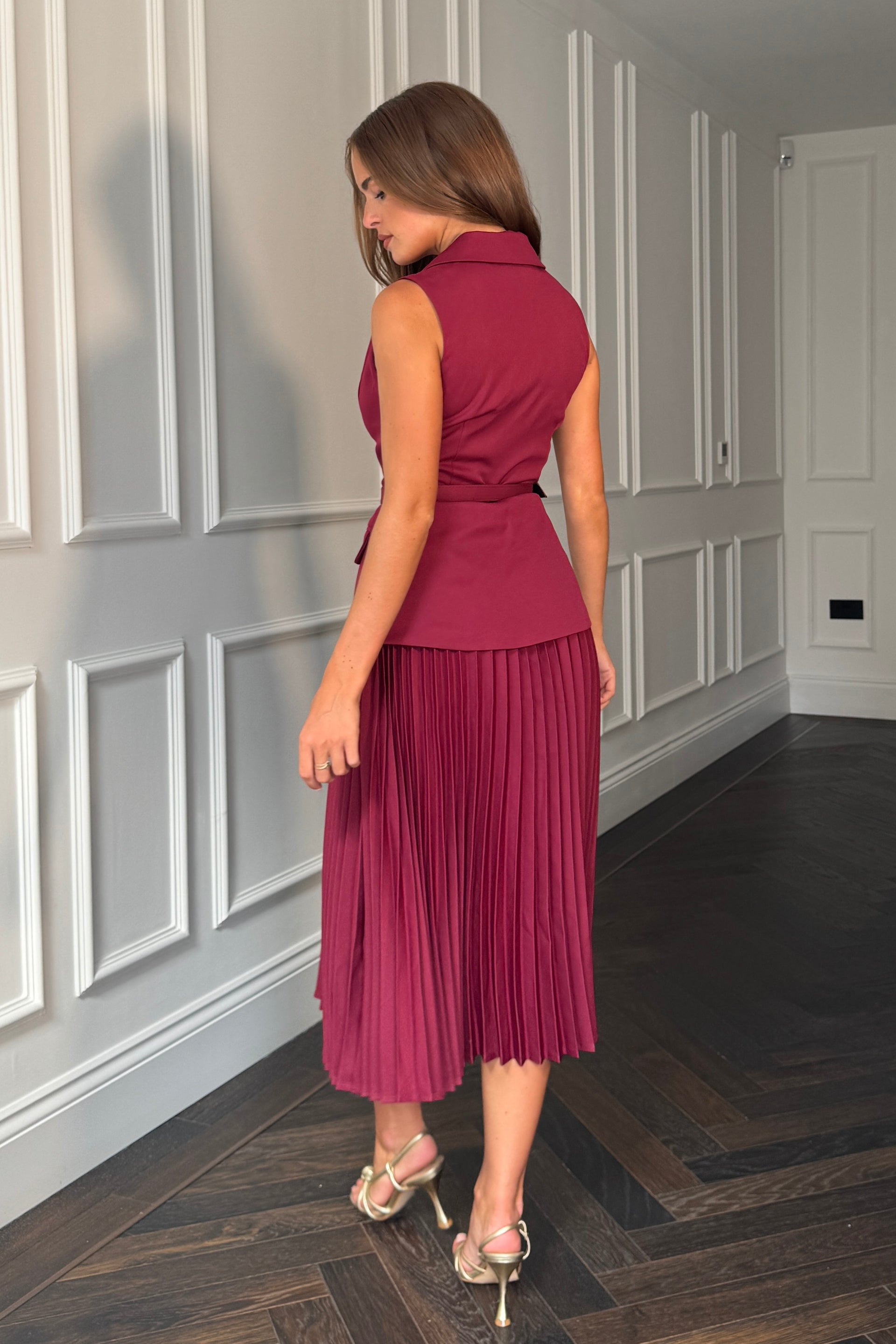 Agatha Pleated Skirt Waistcoat Midi Dress Berry