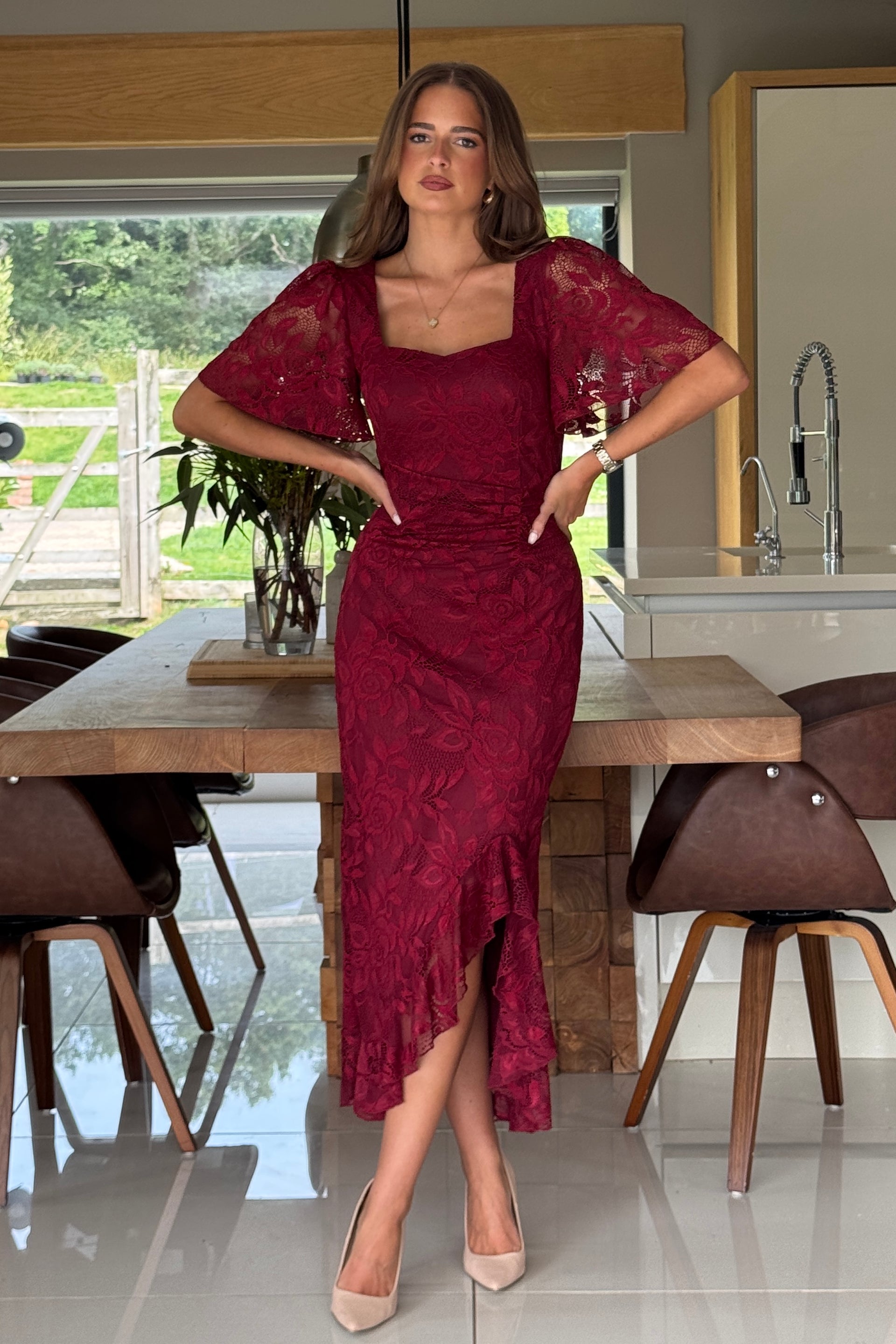 Heidi Berry Lace Ruched Midi Dress