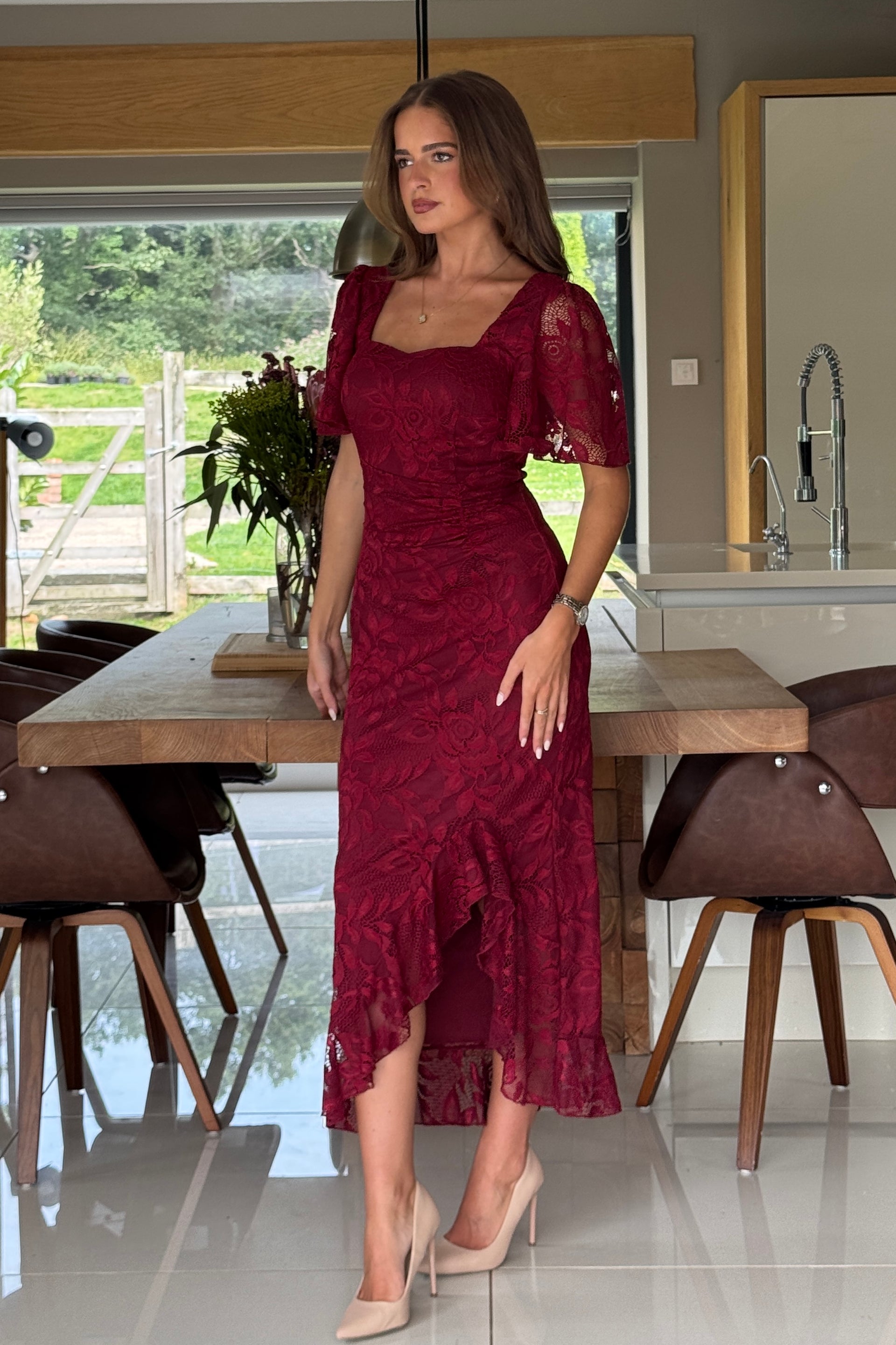 Heidi Berry Lace Ruched Midi Dress
