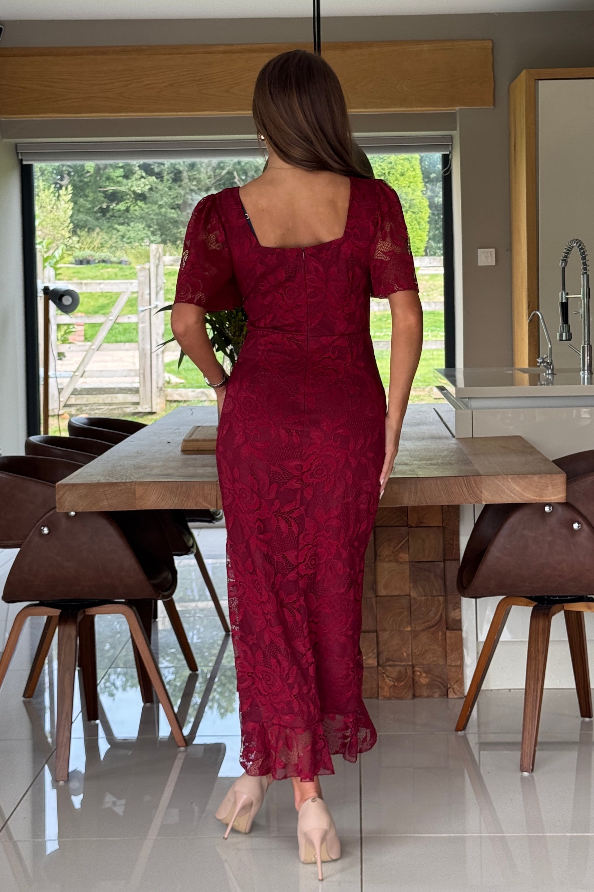 Heidi Berry Lace Ruched Midi Dress