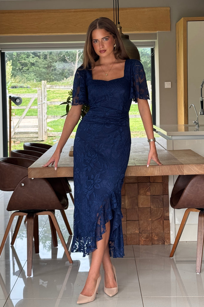 Heidi Navy Lace Ruched Midi Dress – Girl In Mind