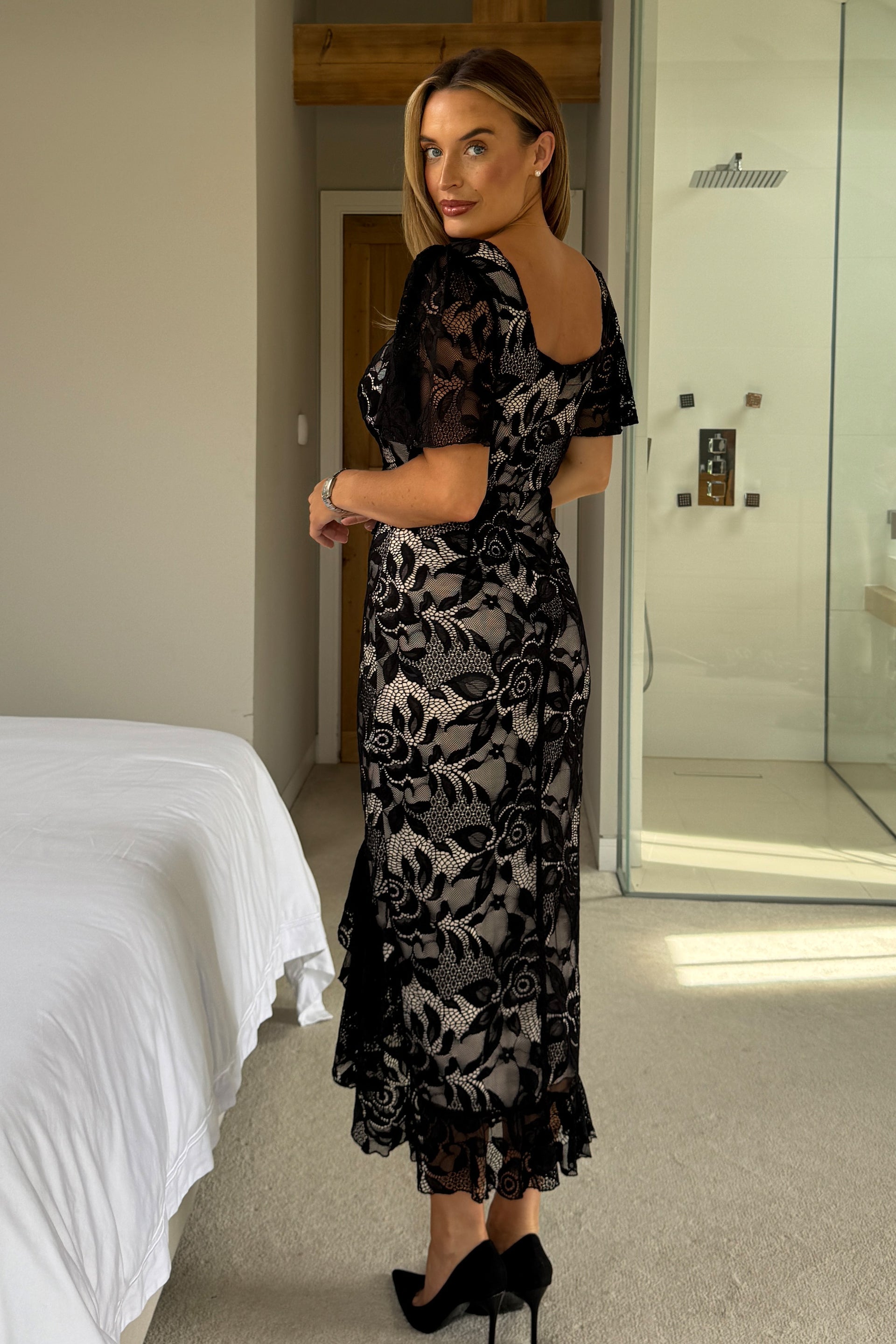 Heidi Black And Nude Lace Ruched Midi Dress
