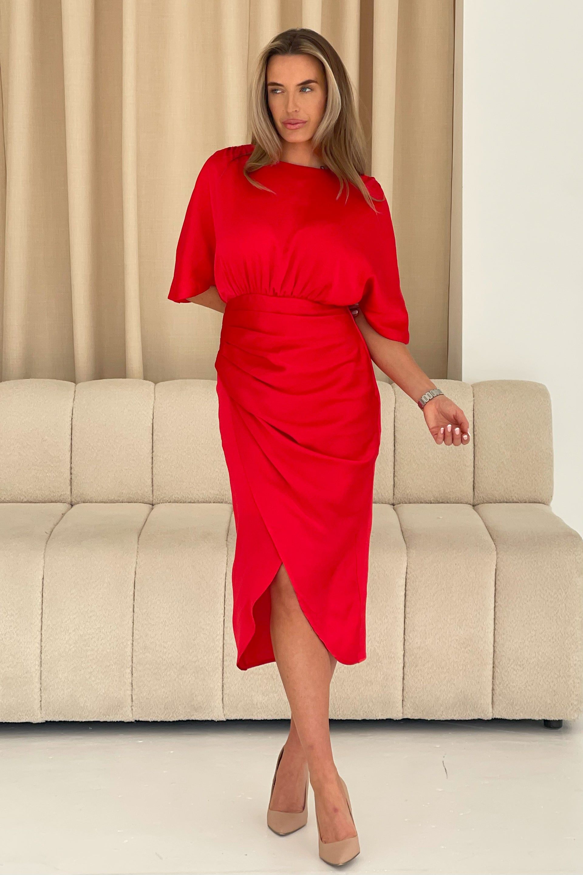 Shelly Pleated Skirt Batwing Midi Dress Red
