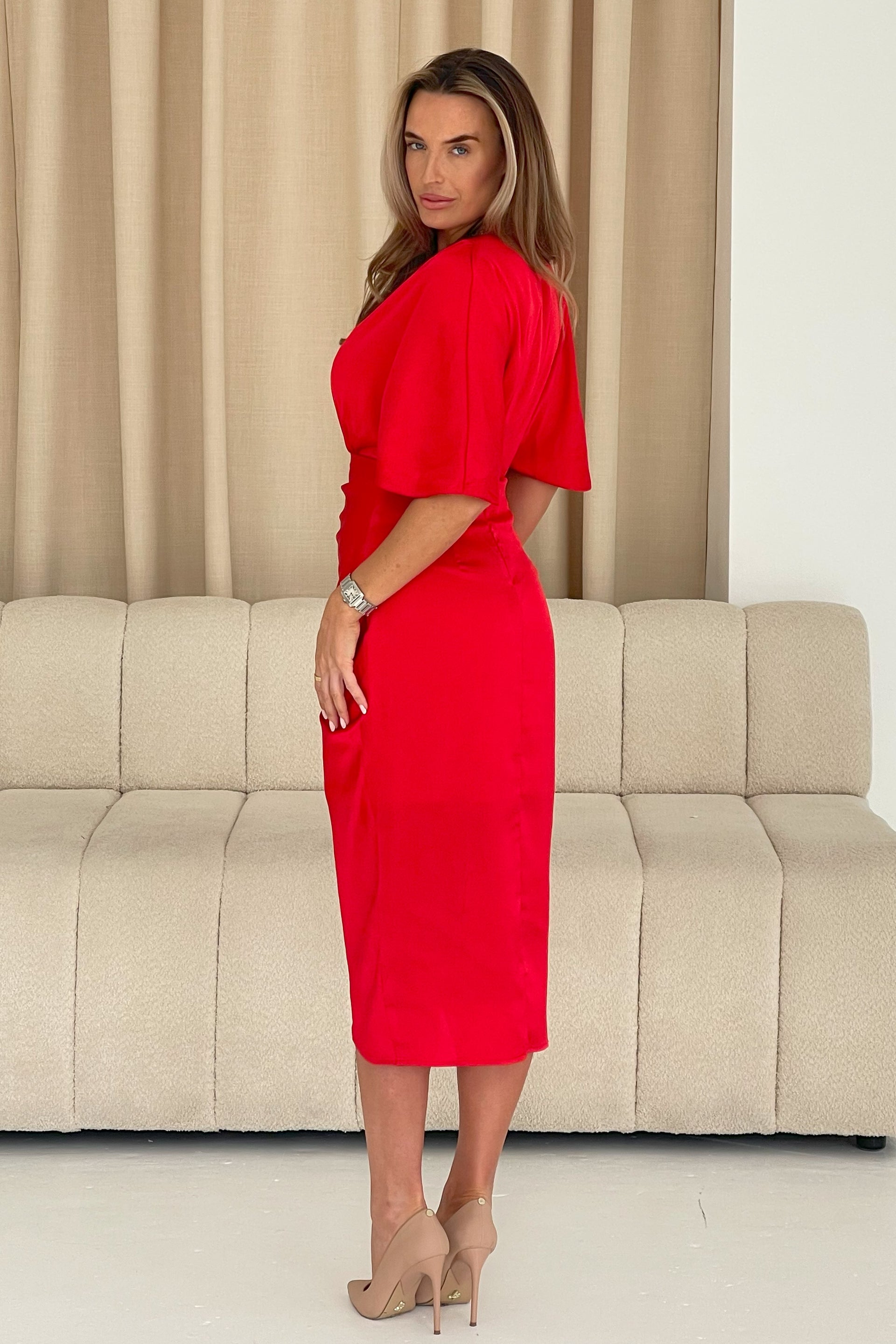 Shelly Pleated Skirt Batwing Midi Dress Red