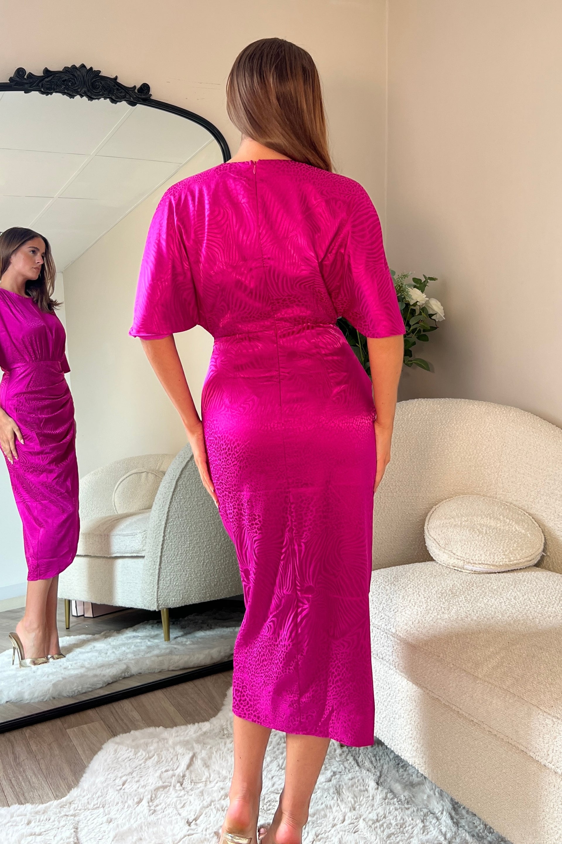Shelly Pleated Skirt Batwing Midi Dress Dark Fuchsia