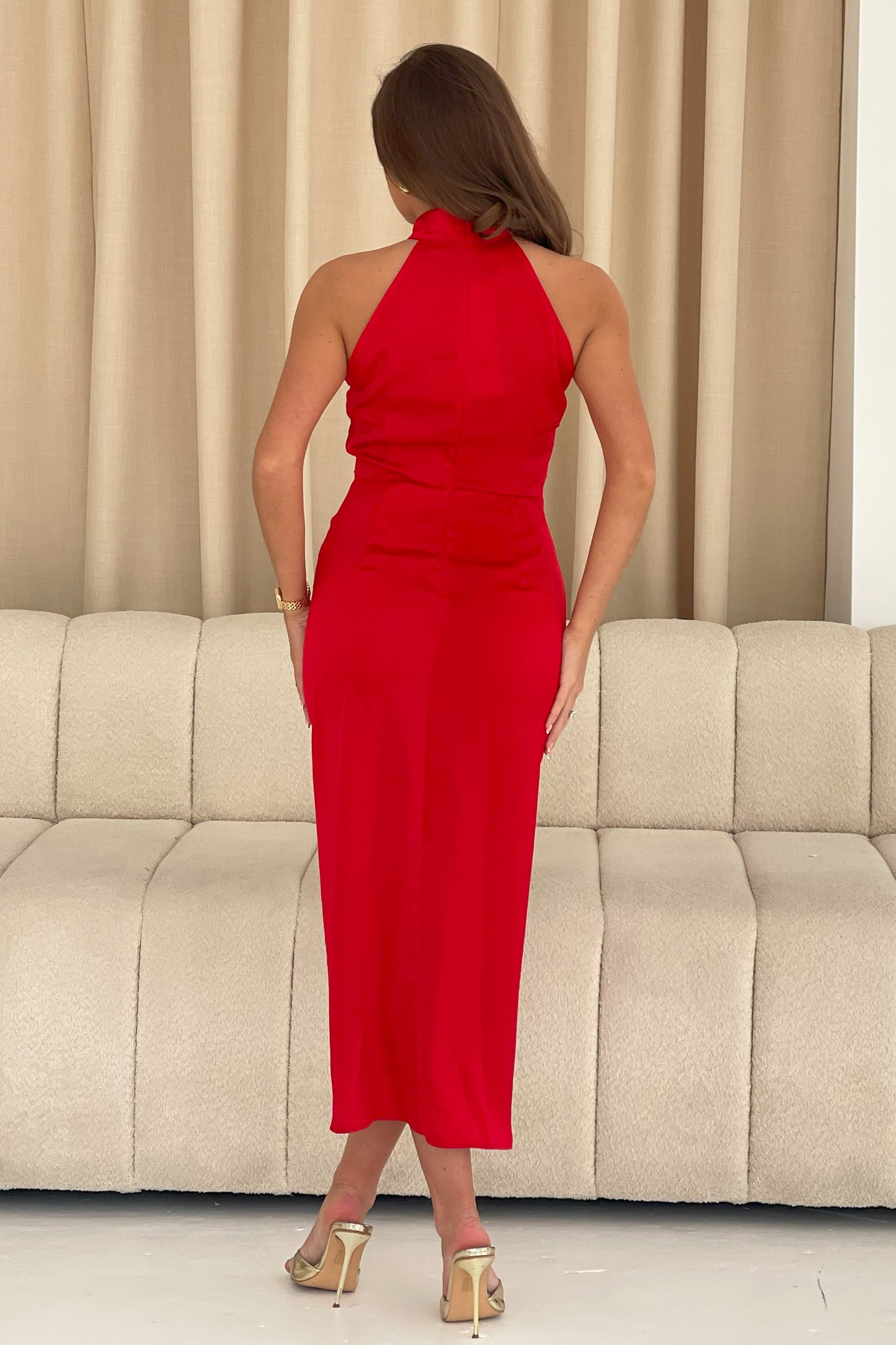 Maxine Ruched Detail Halterneck Midi Dress Red