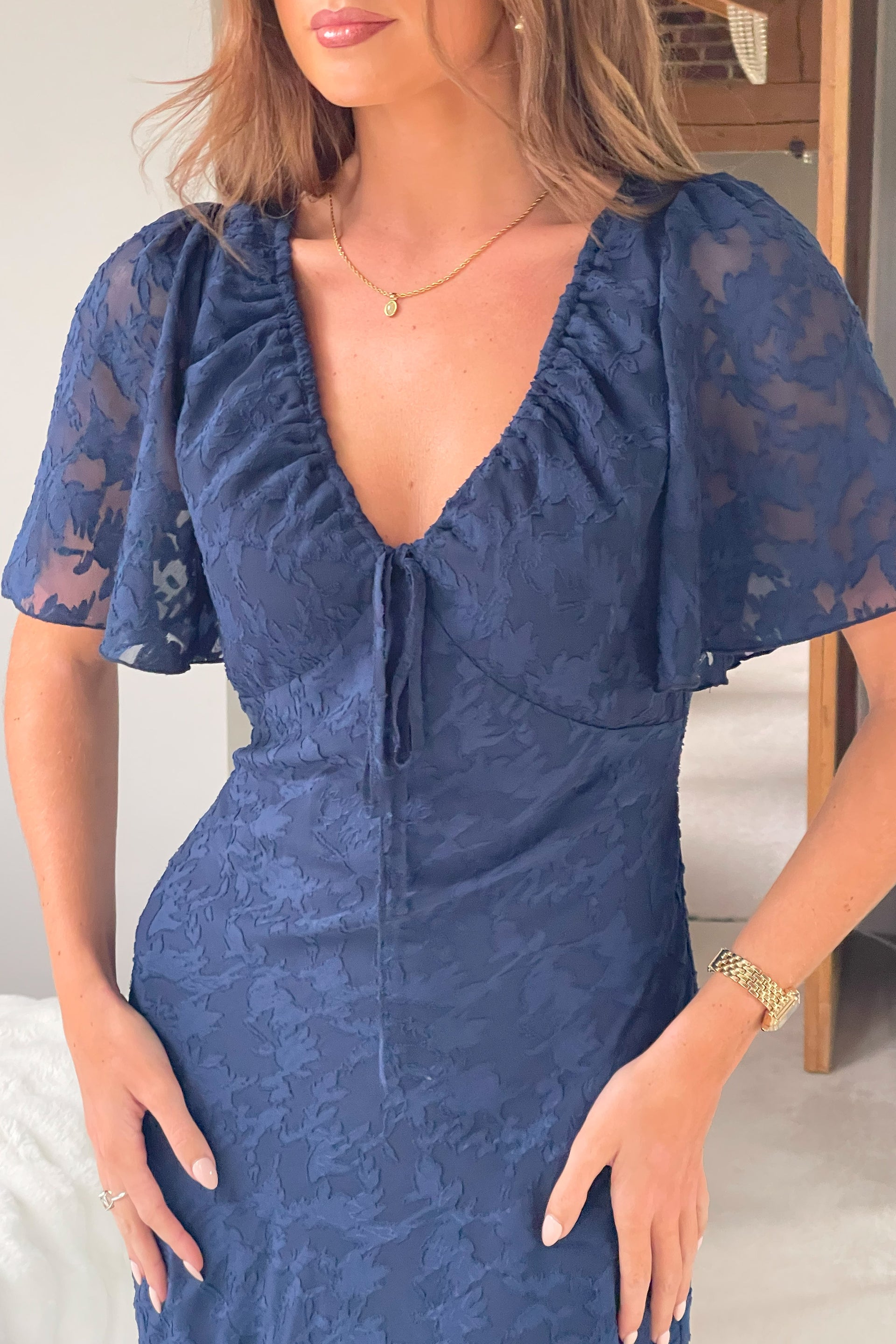 Maddy Gathered Neckline Navy Midi Dress