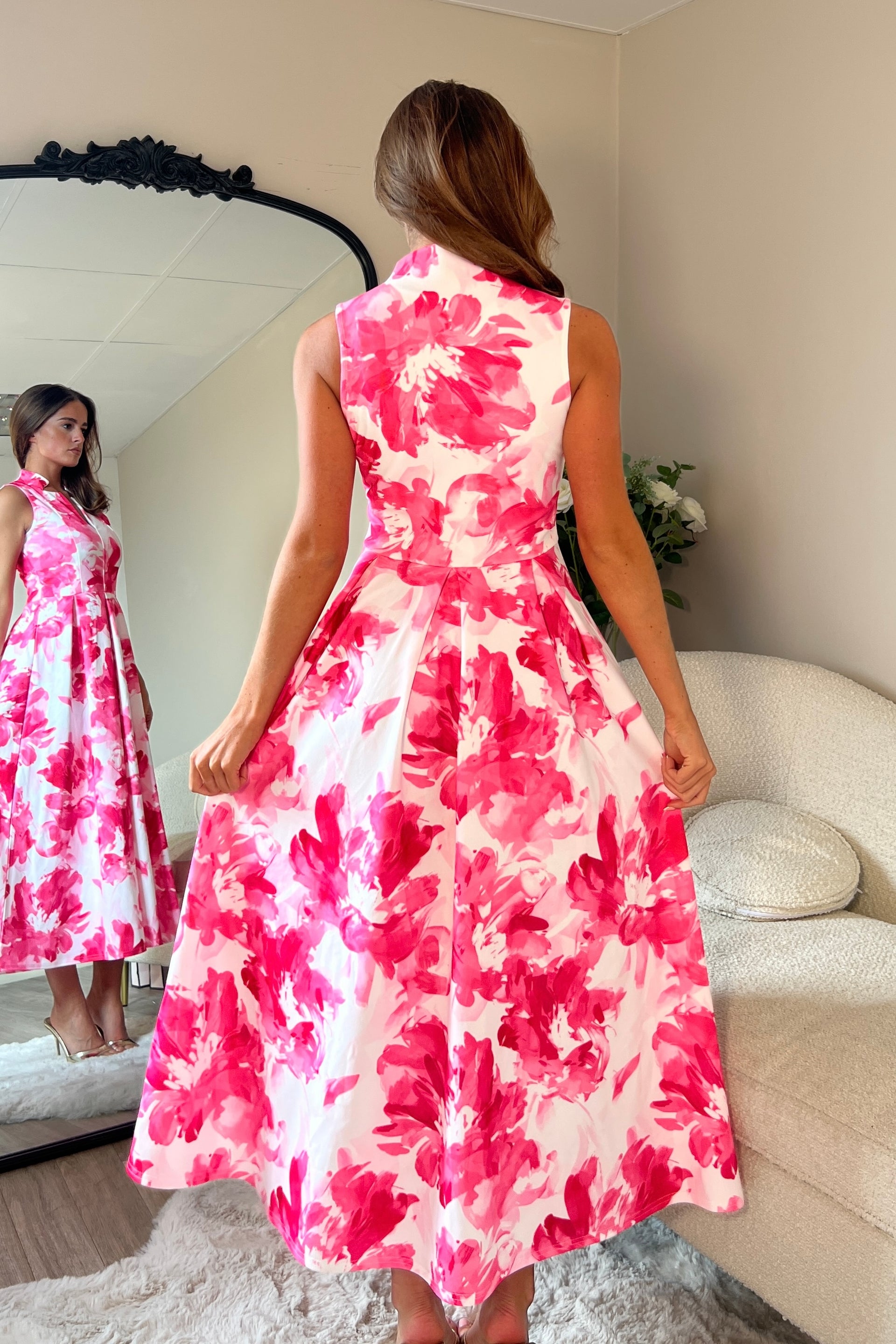 Ameya Notch Neck Sleeveless Midi Dress Pink Print