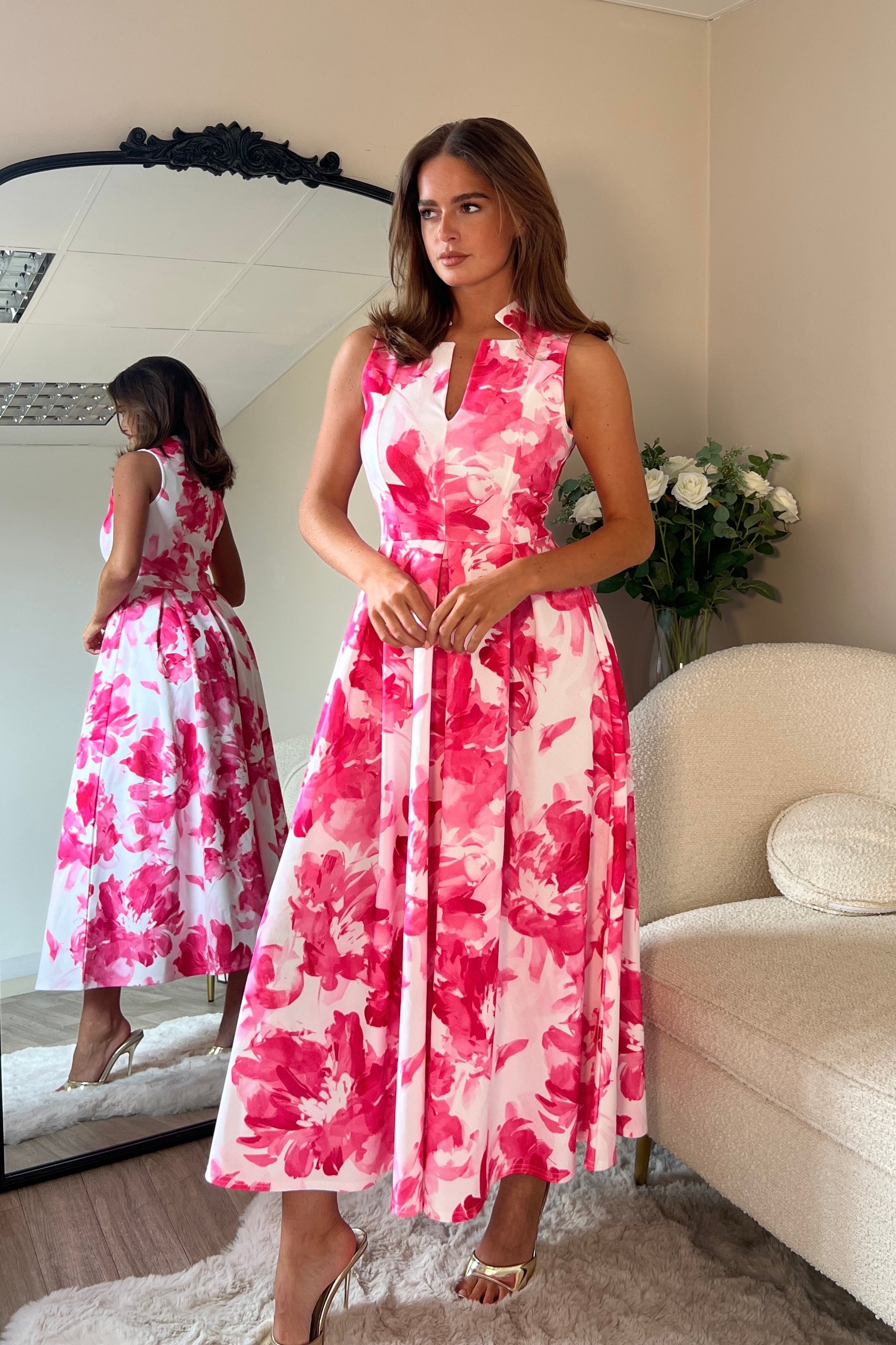 Ameya Notch Neck Sleeveless Midi Dress Pink Print