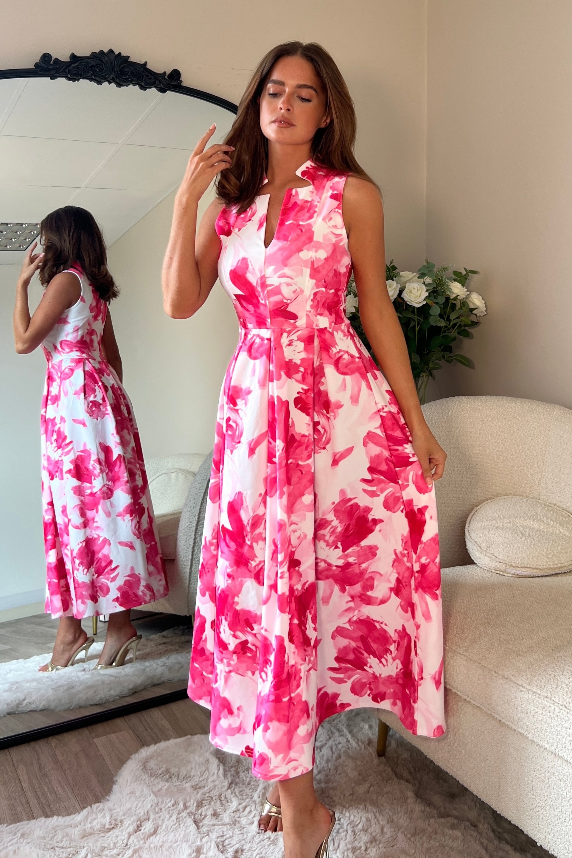 Ameya Notch Neck Sleeveless Midi Dress Pink Print