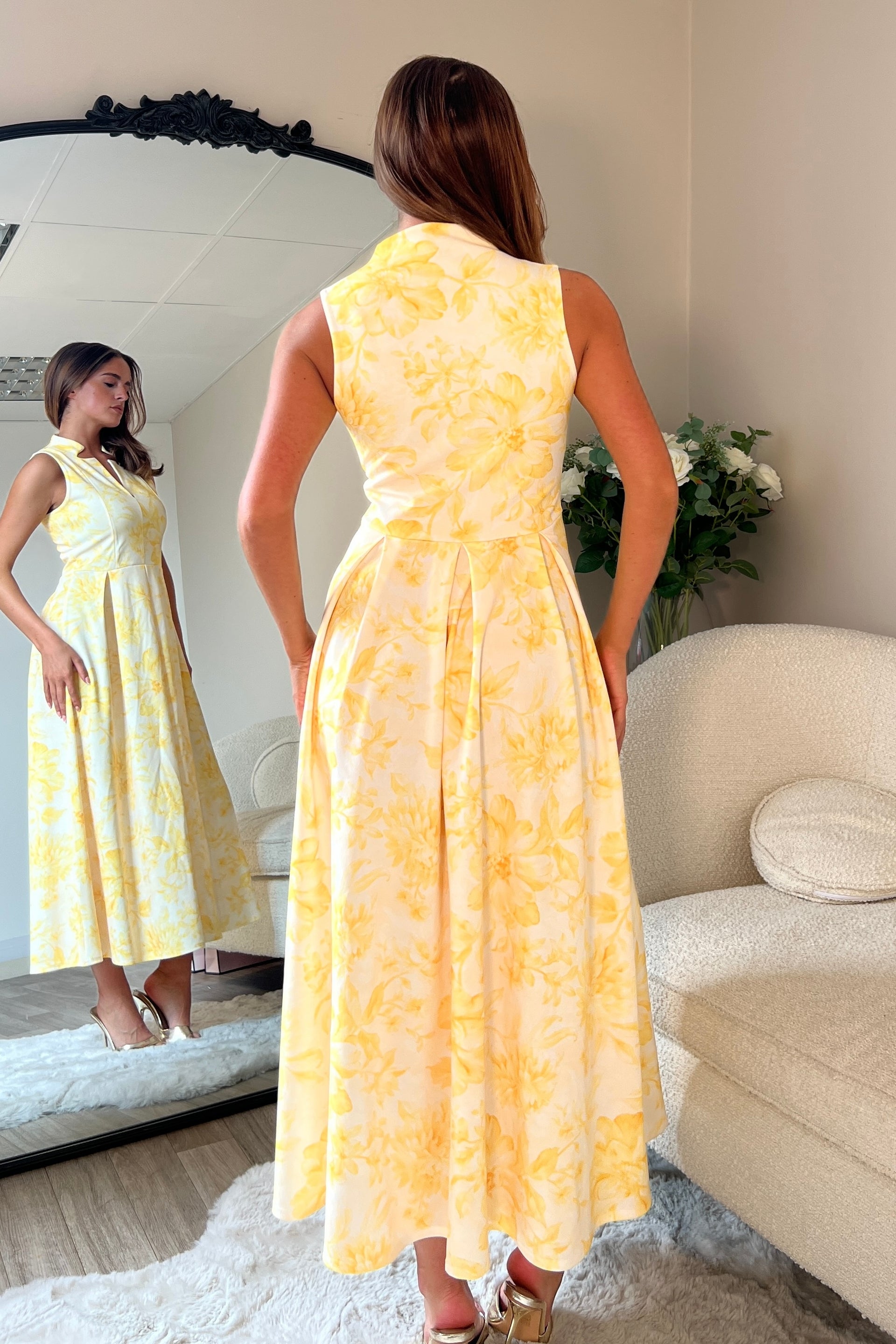 Ameya Notch Neck Sleeveless Midi Dress Yellow Print