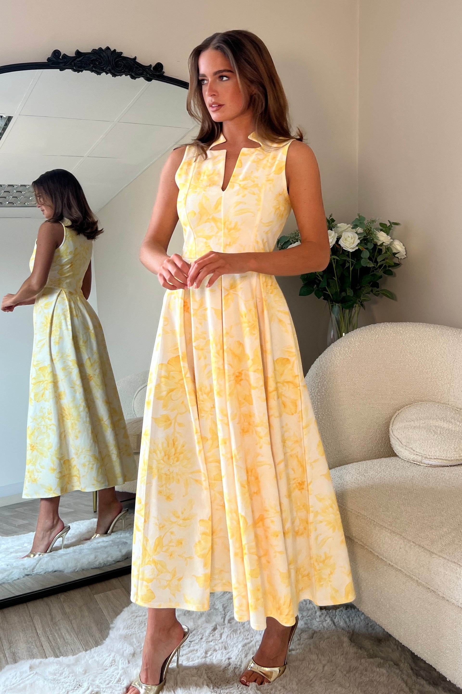 Ameya Notch Neck Sleeveless Midi Dress Yellow Print