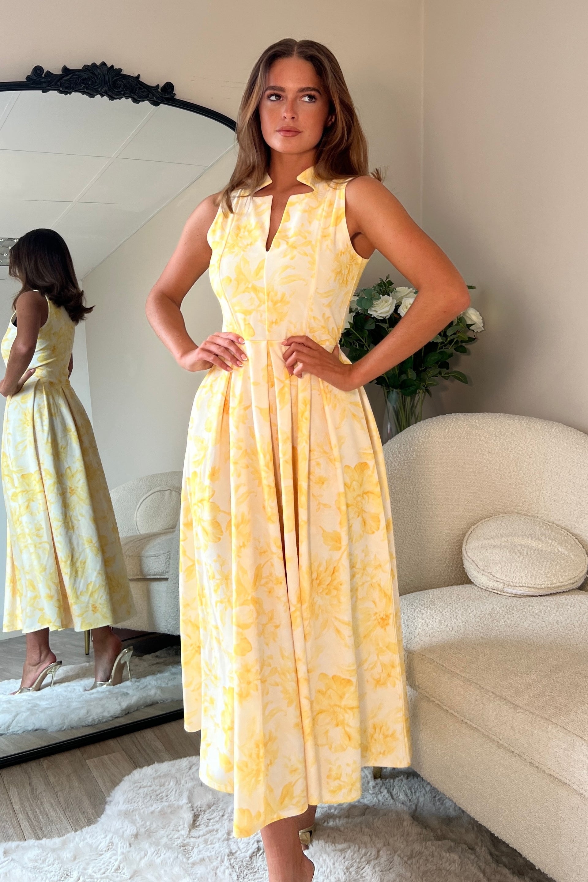 Ameya Notch Neck Sleeveless Midi Dress Yellow Print