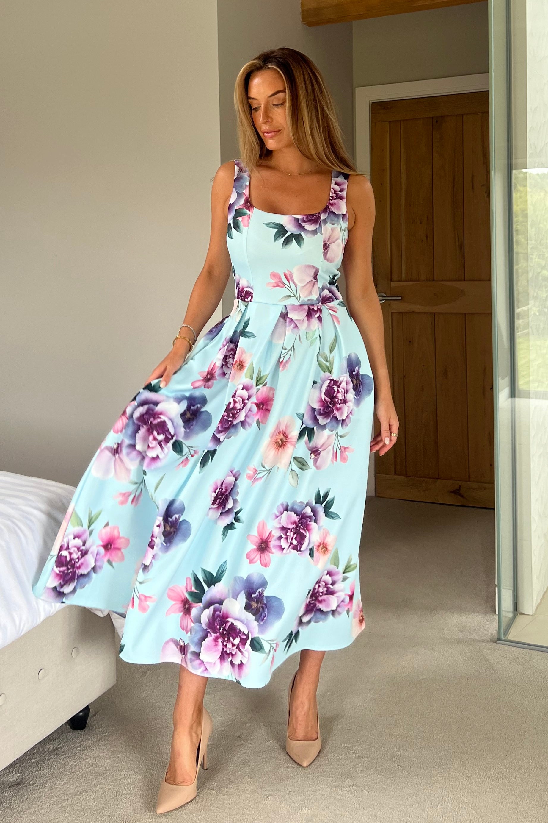 Erica Square Neck Pleated Midi Dress Blue Floral