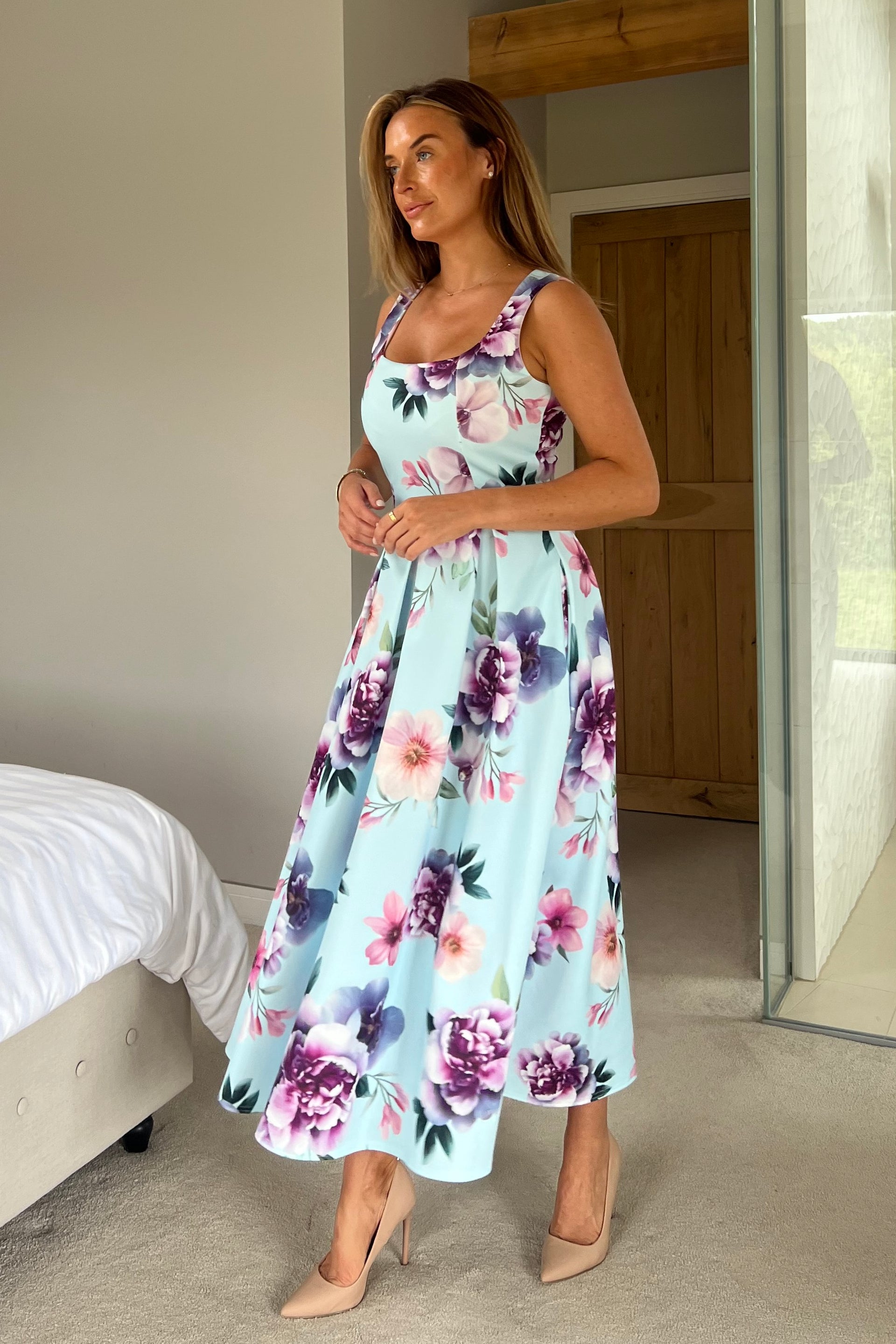 Erica Square Neck Pleated Midi Dress Blue Floral