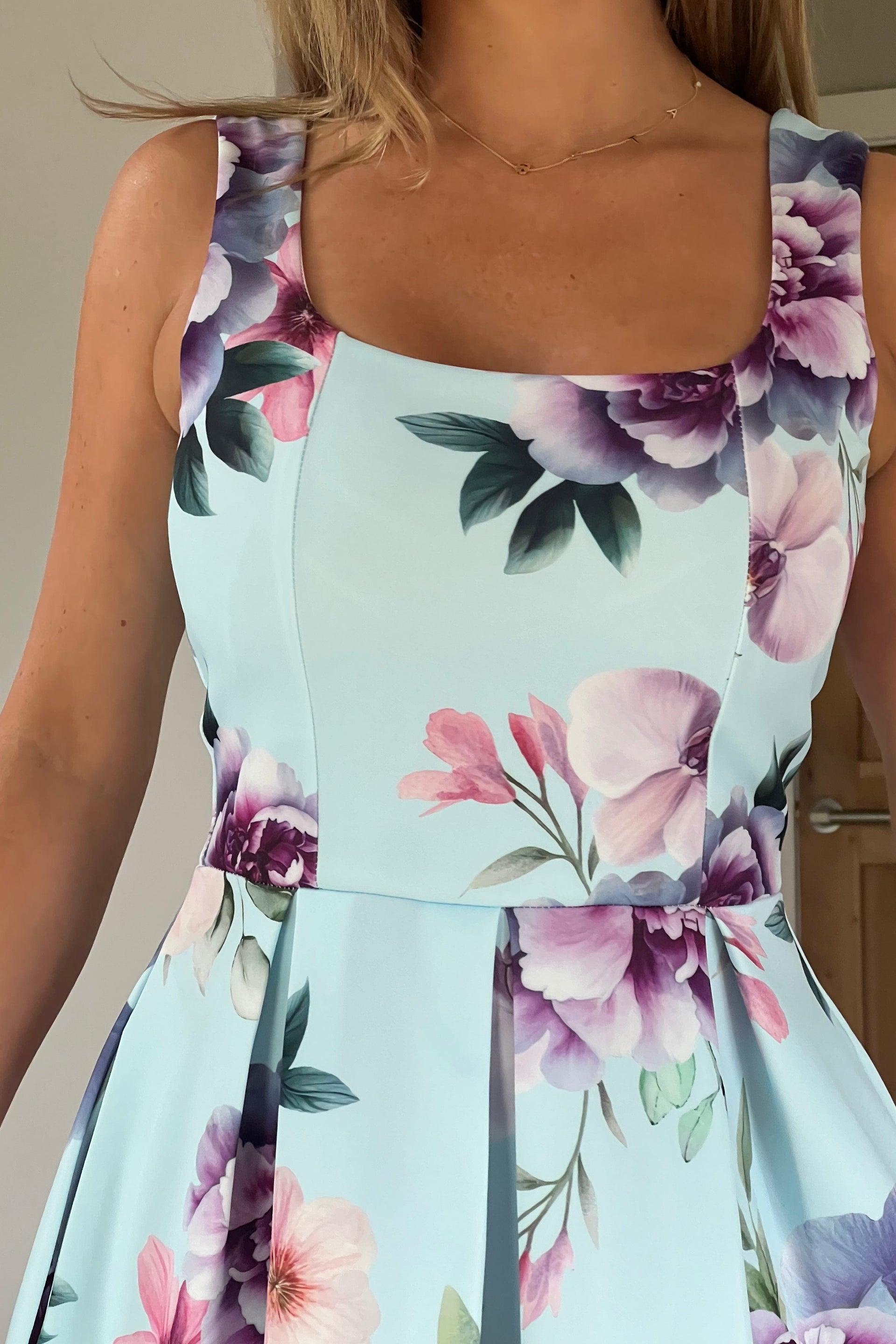 Erica Square Neck Pleated Midi Dress Blue Floral