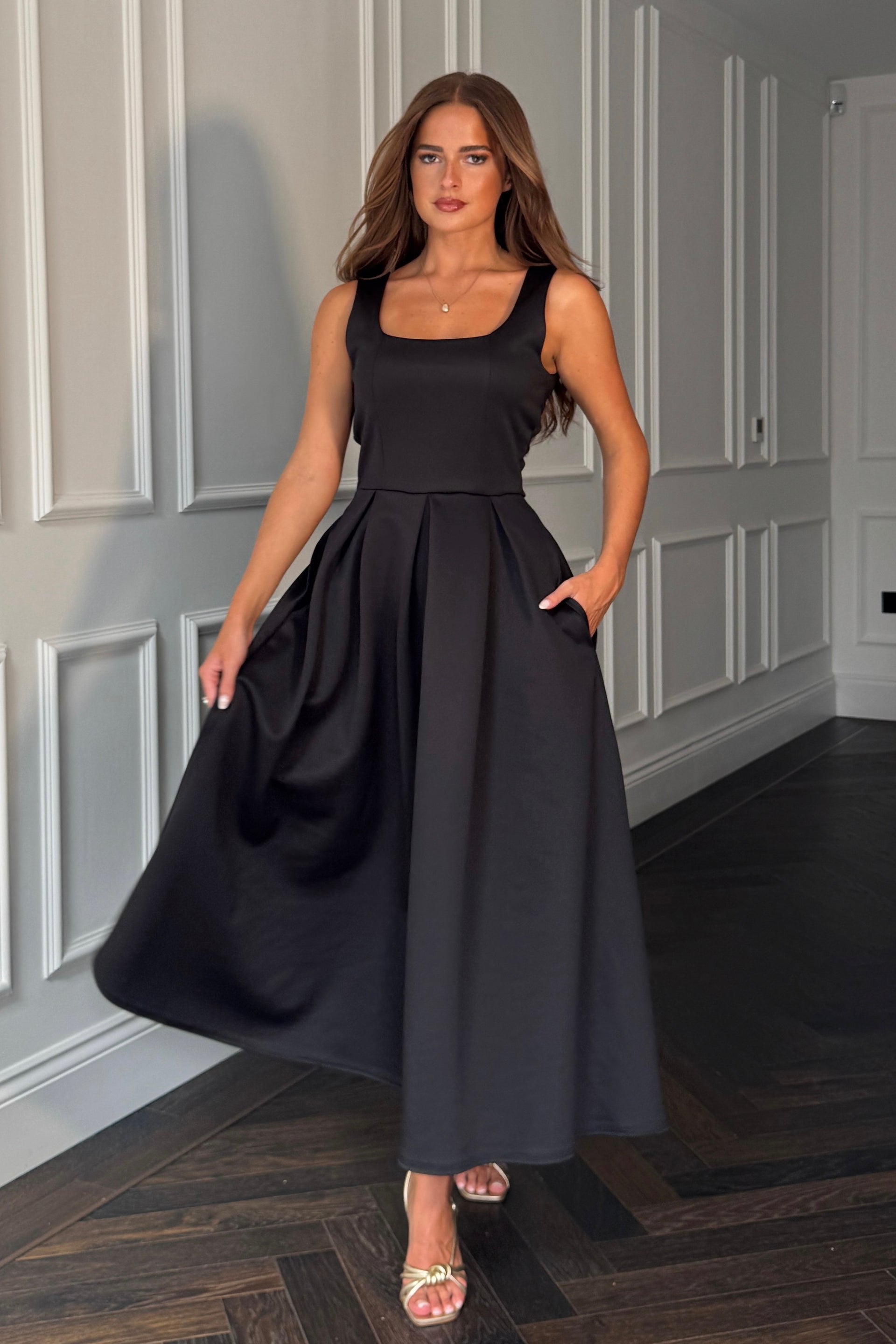 Erica Square Neck Pleated Midi Dress Black