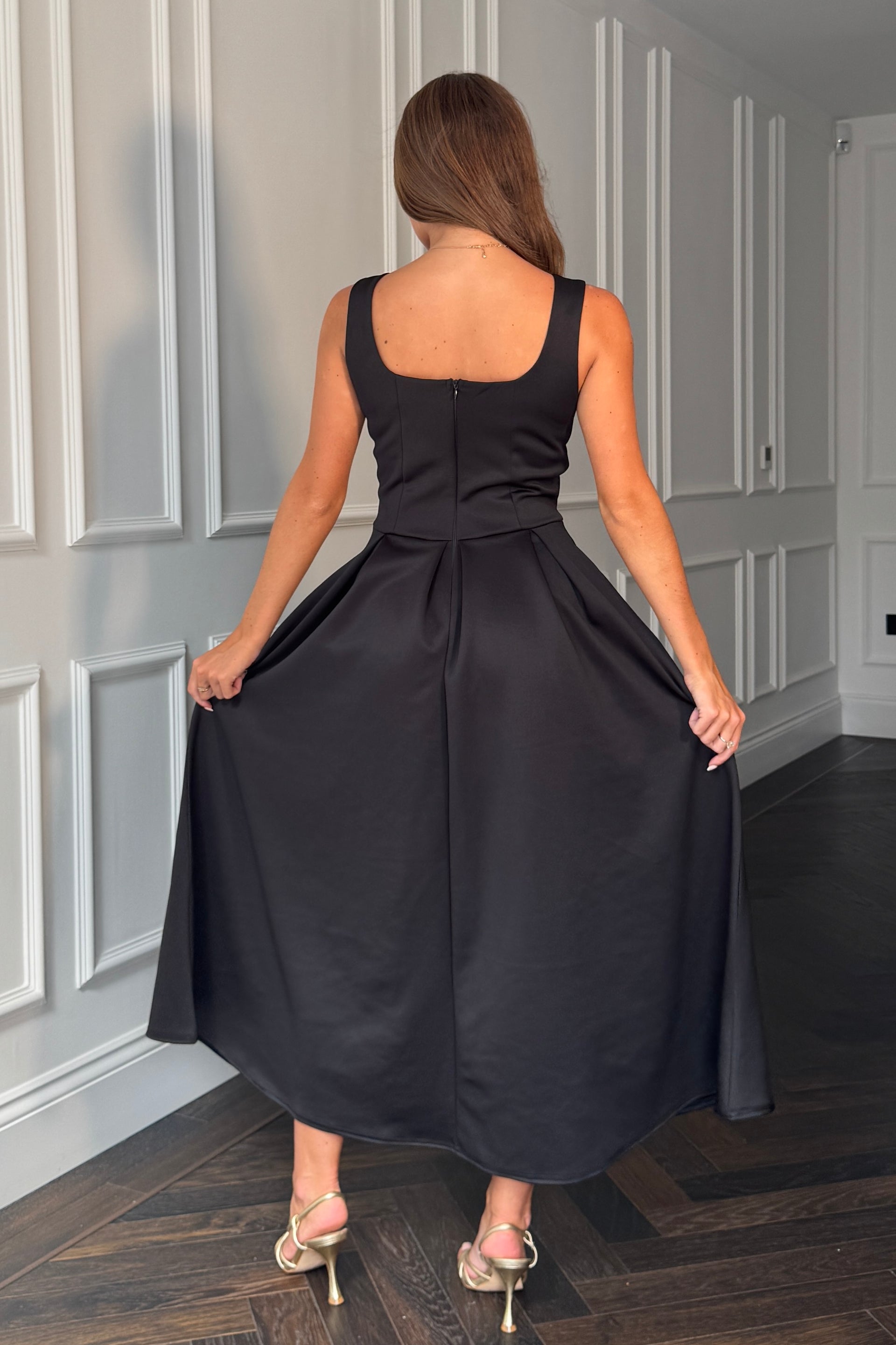 Erica Square Neck Pleated Midi Dress Black