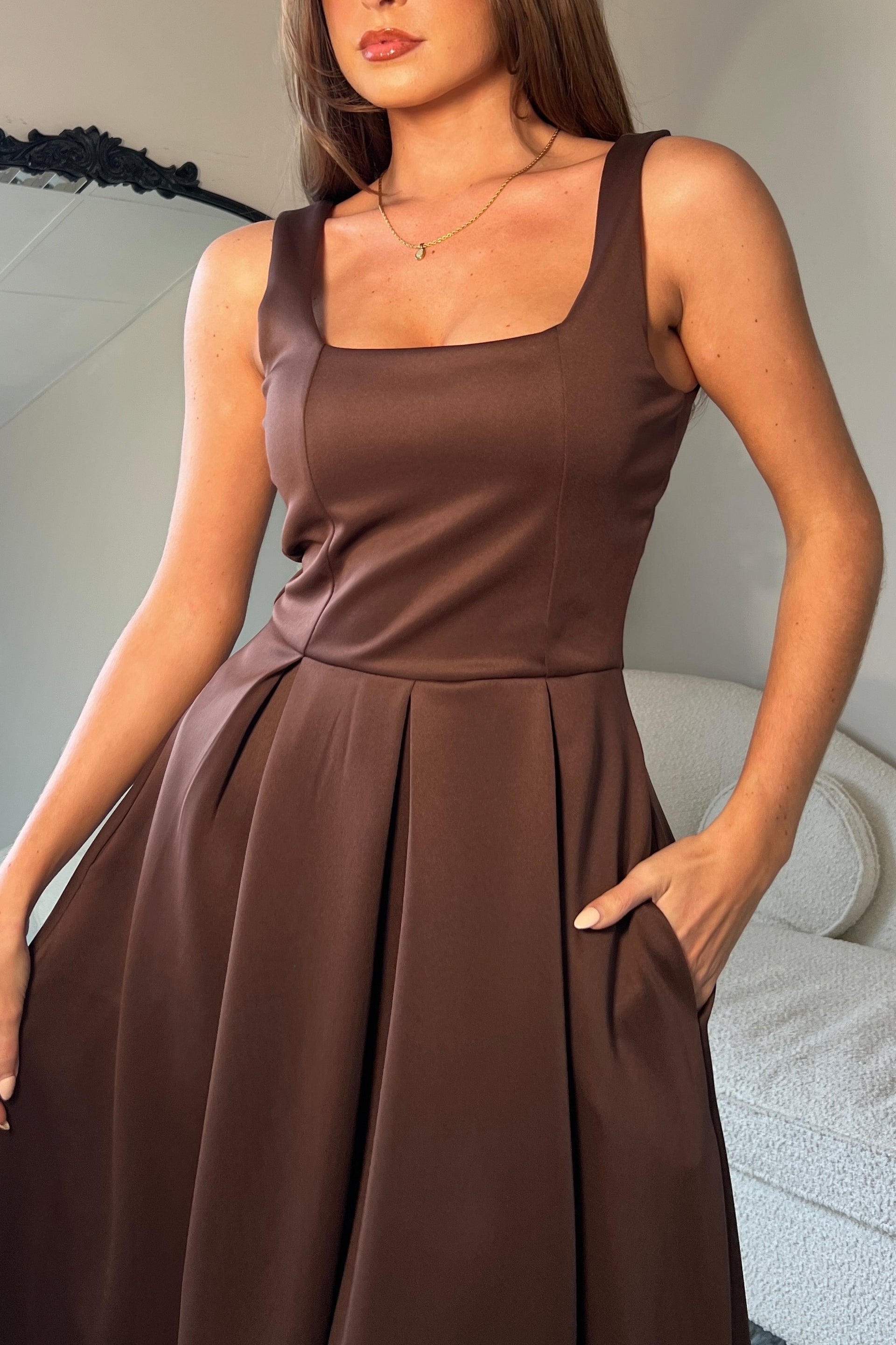 Erica Square Neck Pleated Midi Dress Brown