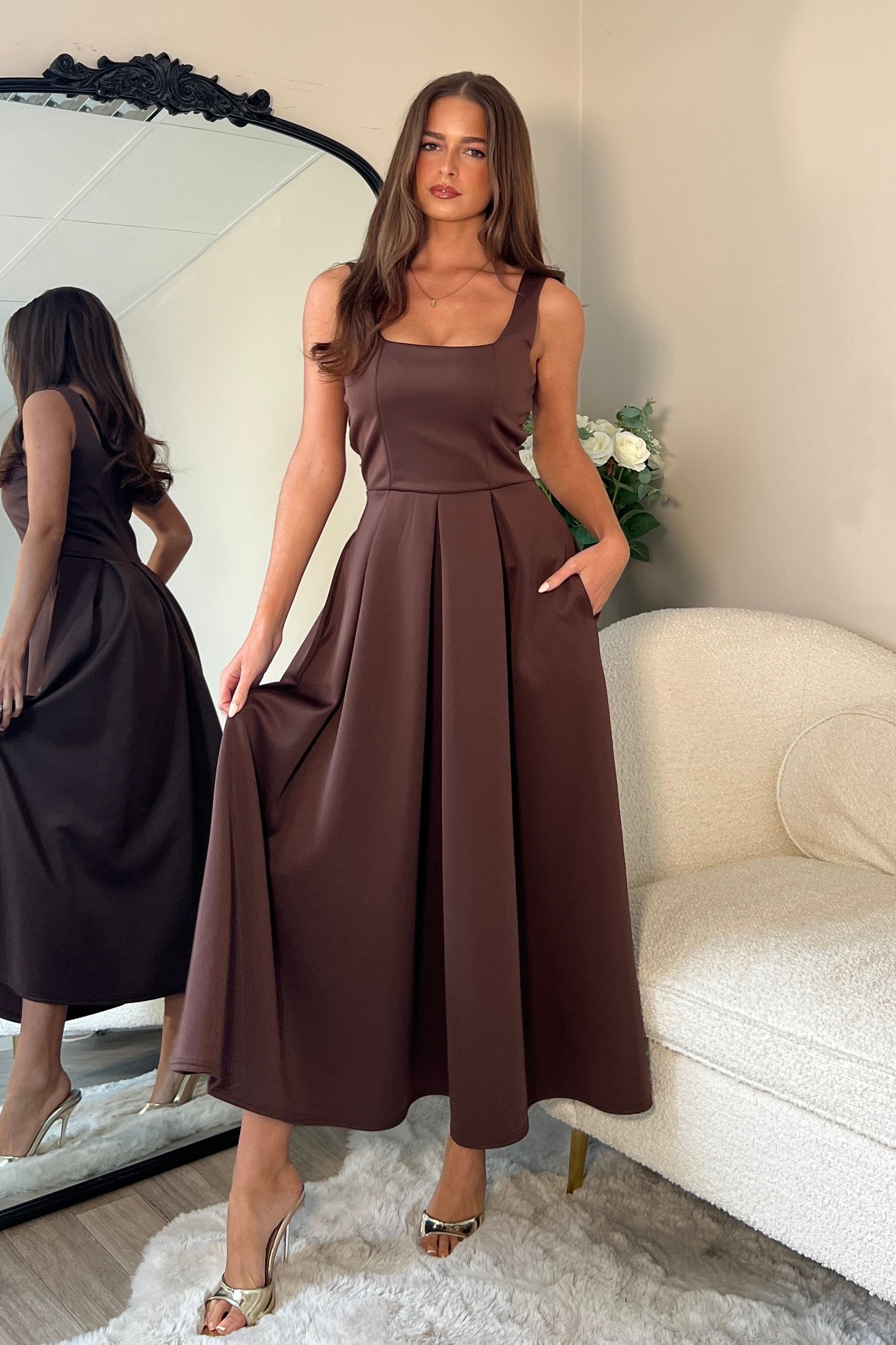 Erica Square Neck Pleated Midi Dress Brown