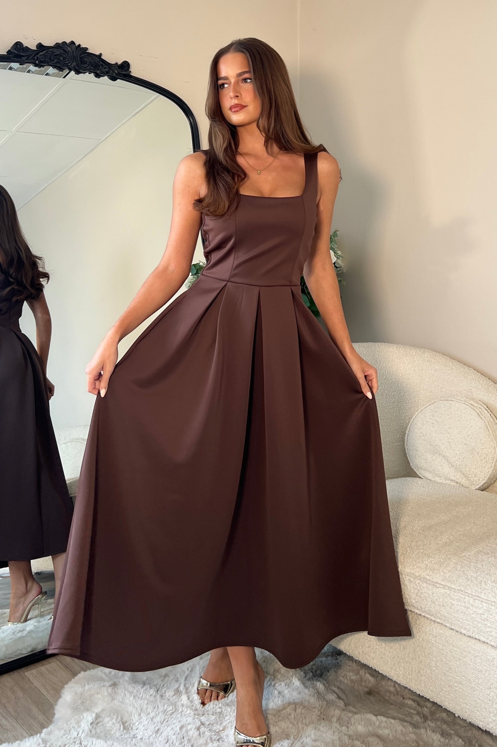 Erica Square Neck Pleated Midi Dress Brown