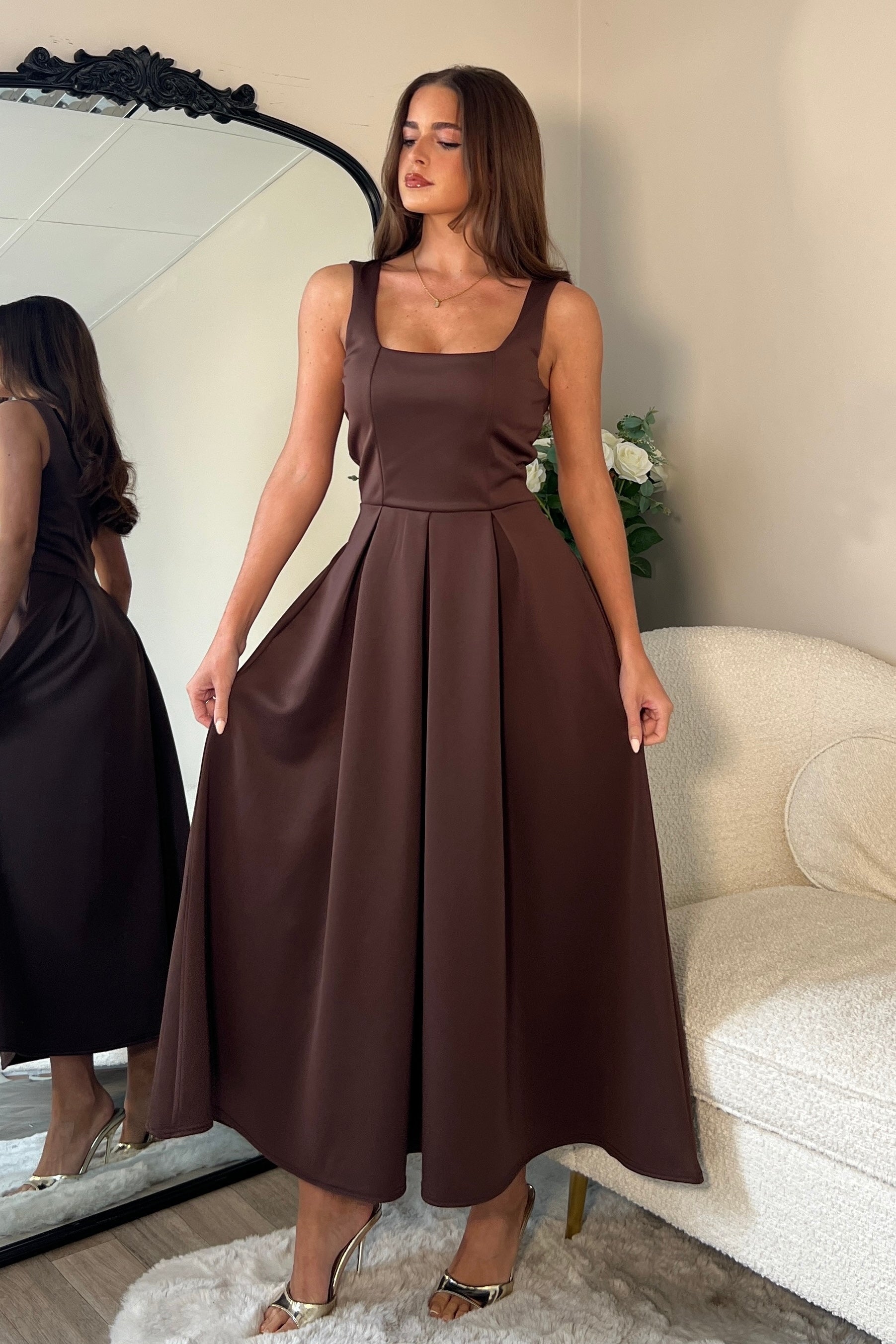 Erica Square Neck Pleated Midi Dress Brown