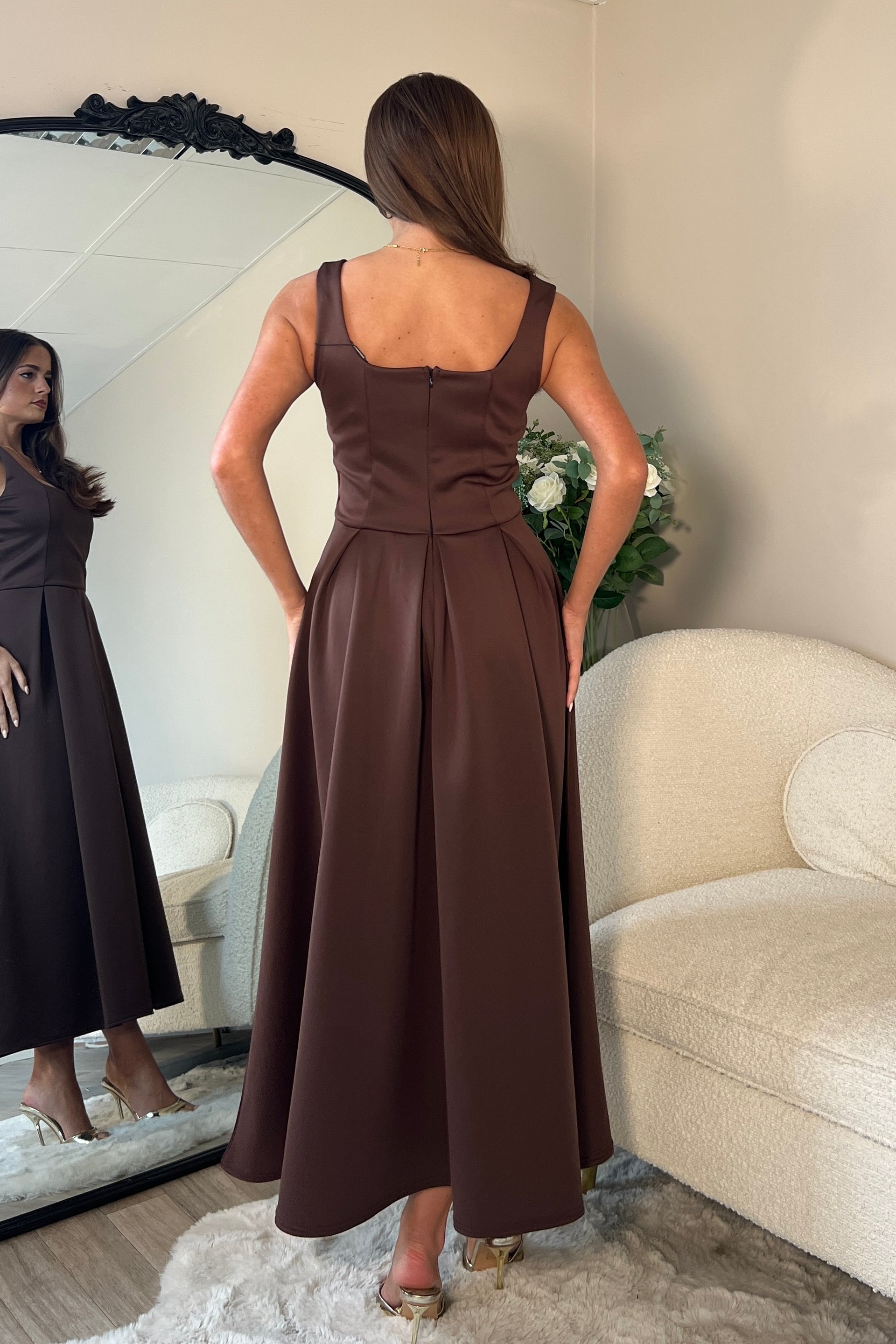 Erica Square Neck Pleated Midi Dress Brown