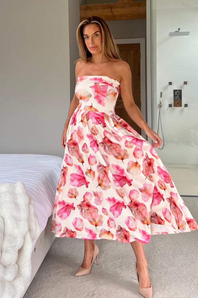Danni Strapless Bandeau Midi Dress Pink And Yellow Print – Girl In Mind