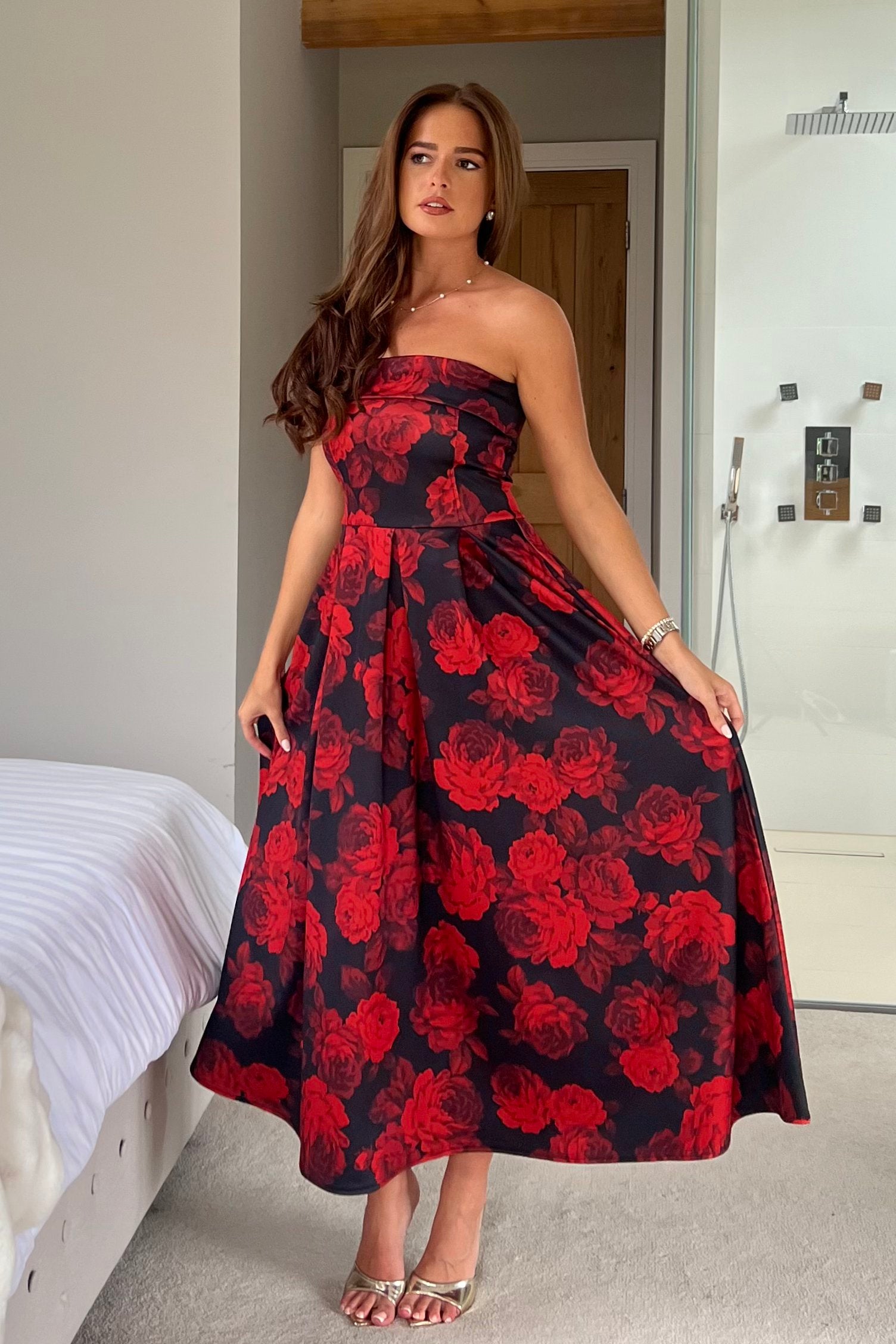 Danni Strapless Bandeau Midi Dress Red Floral
