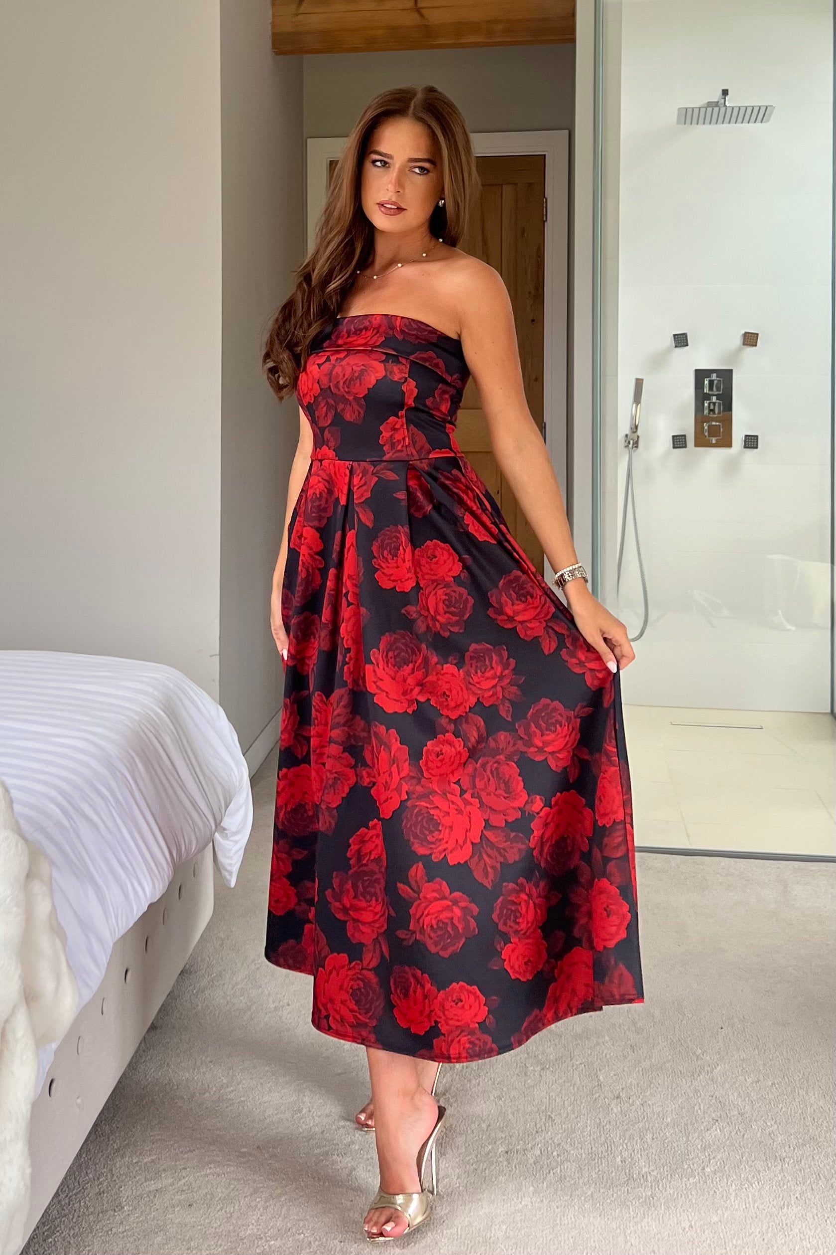 Danni Strapless Bandeau Midi Dress Red Floral