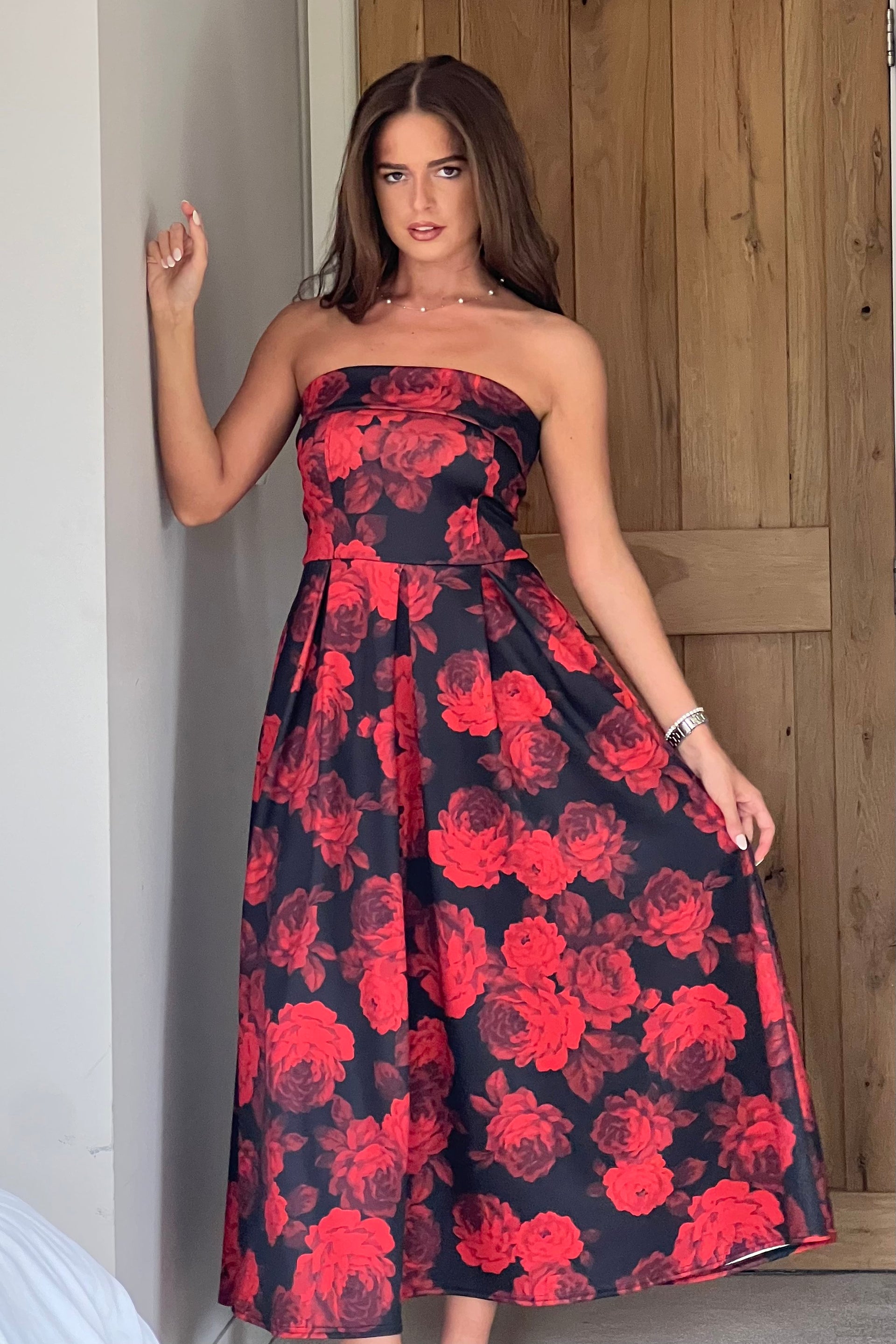 Danni Strapless Bandeau Midi Dress Red Floral