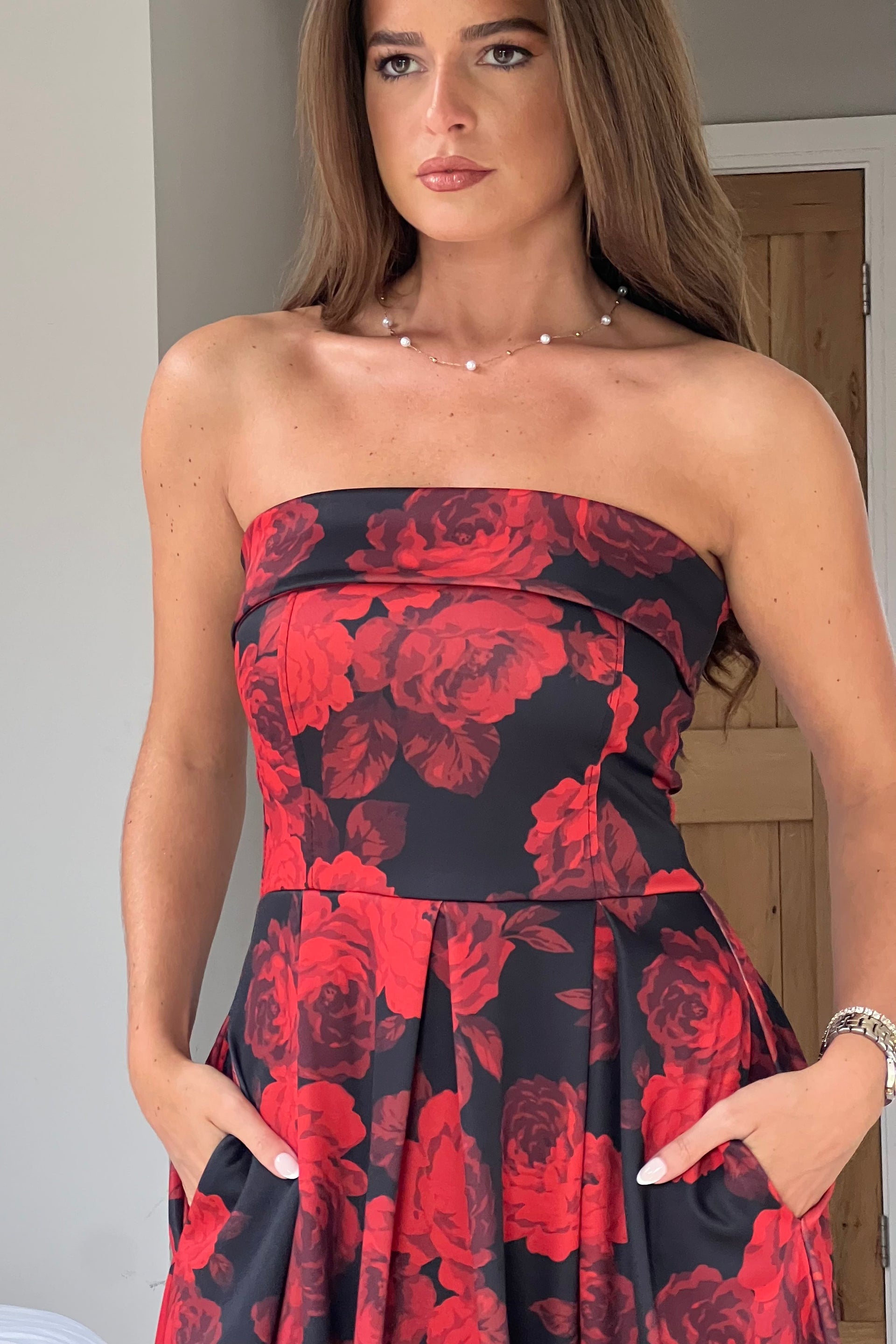 Danni Strapless Bandeau Midi Dress Red Floral